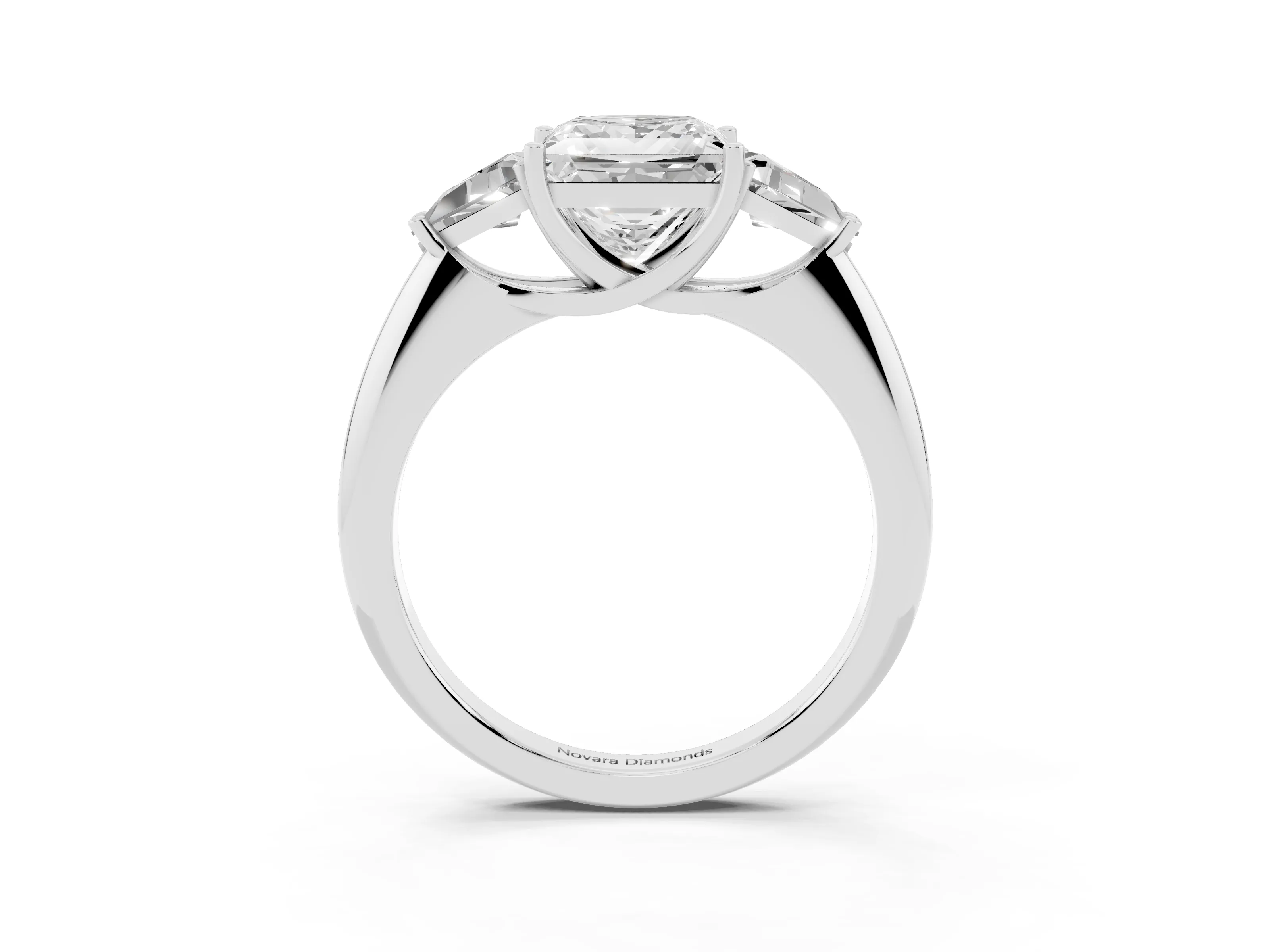 Princess Cut Diamond Three-Stone Engagement Ring Set in White gold with Trillion Side Stones