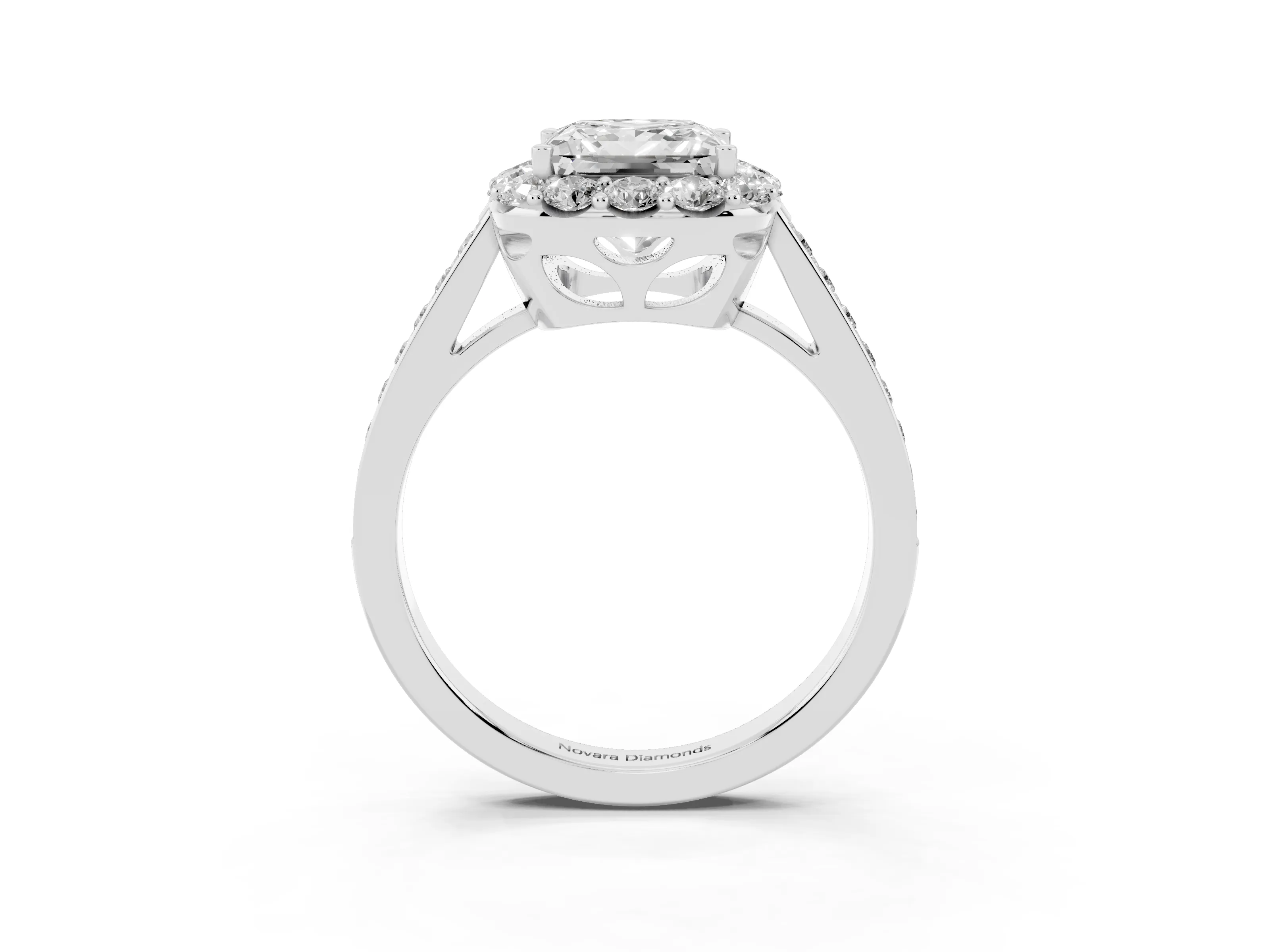 Princess Cut Diamond Floral Halo Ring Set in White gold with Pavé Band and Prong Setting