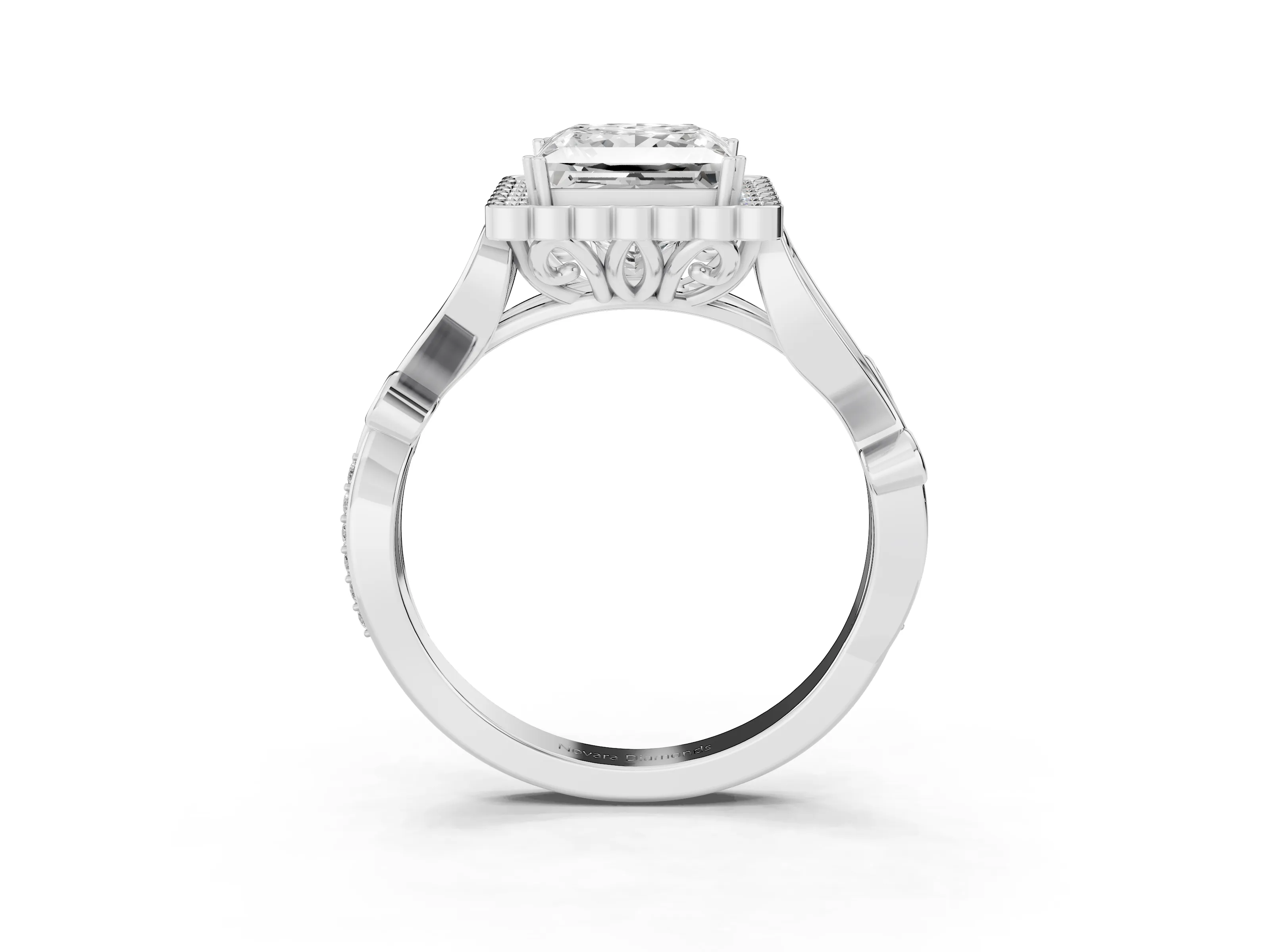 Princess Cut Diamond Halo Ring Set in White gold with Leaf Motif Split Shank and Prong Setting