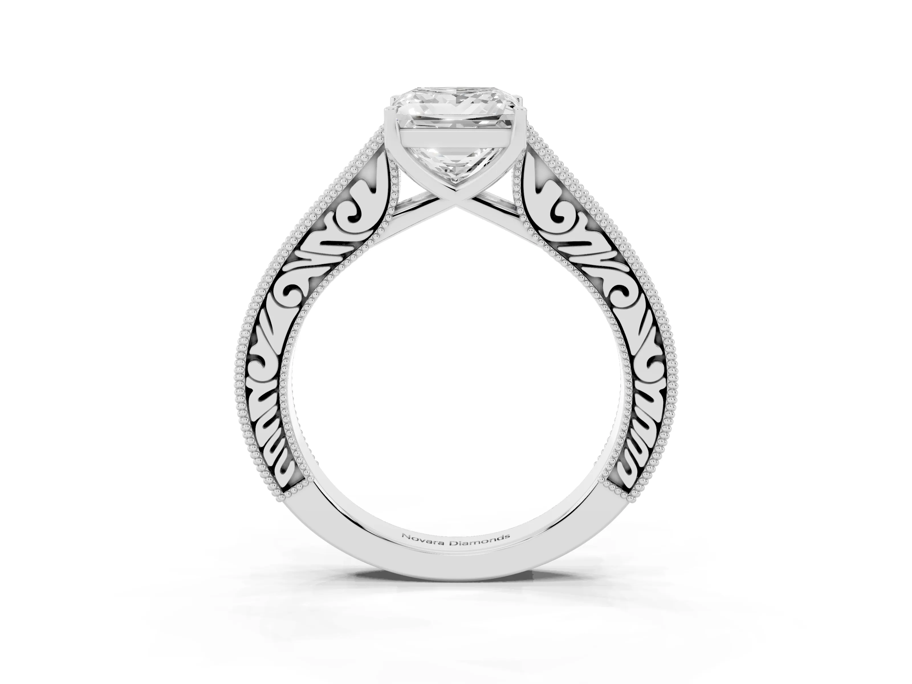 Princess Cut Diamond Milgrain Pavé Band Solitaire Ring Set in White gold with Prong Setting