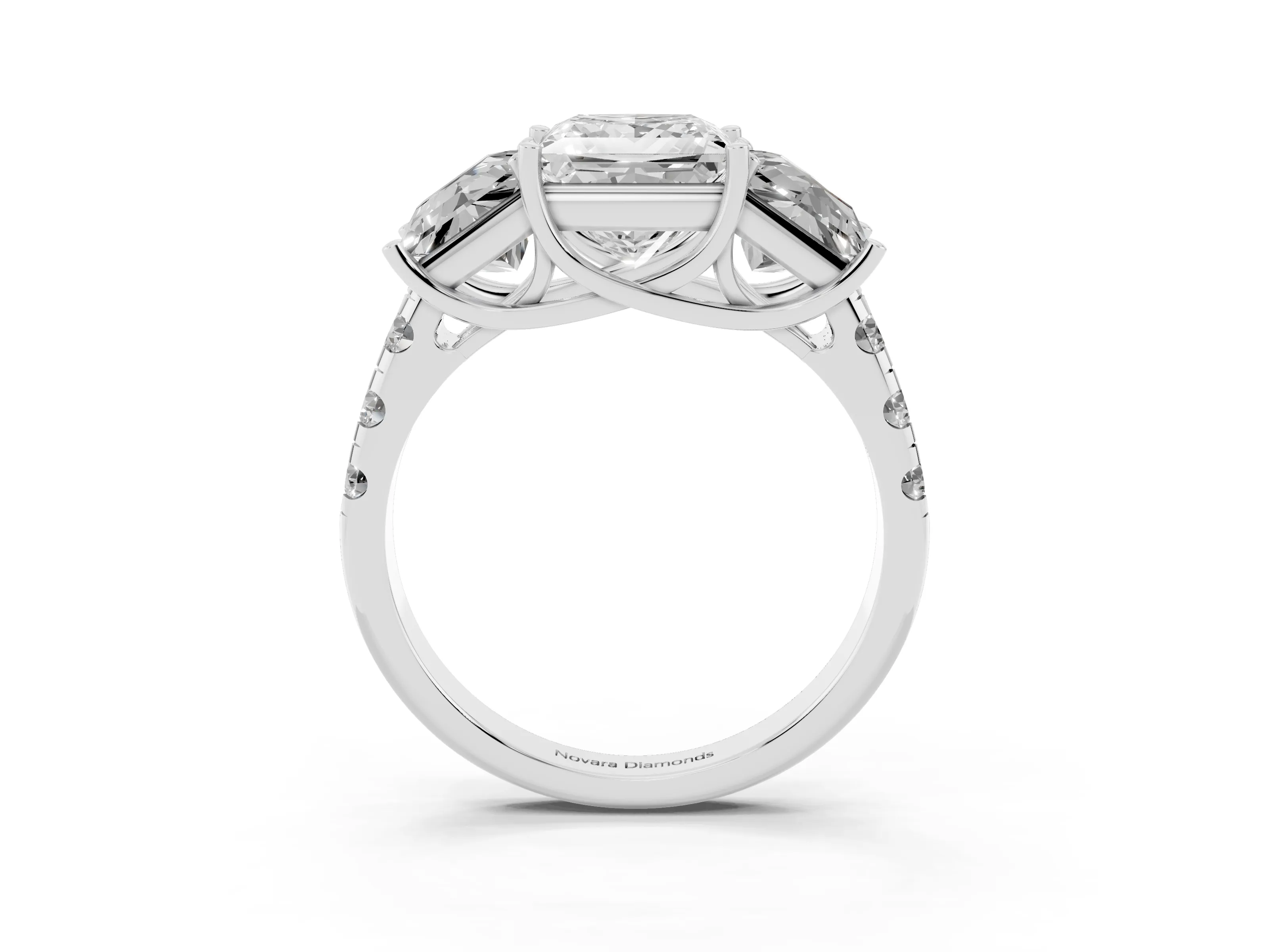 Princess Cut Diamond Three-Stone Ring Set in Silver with Pavé Band