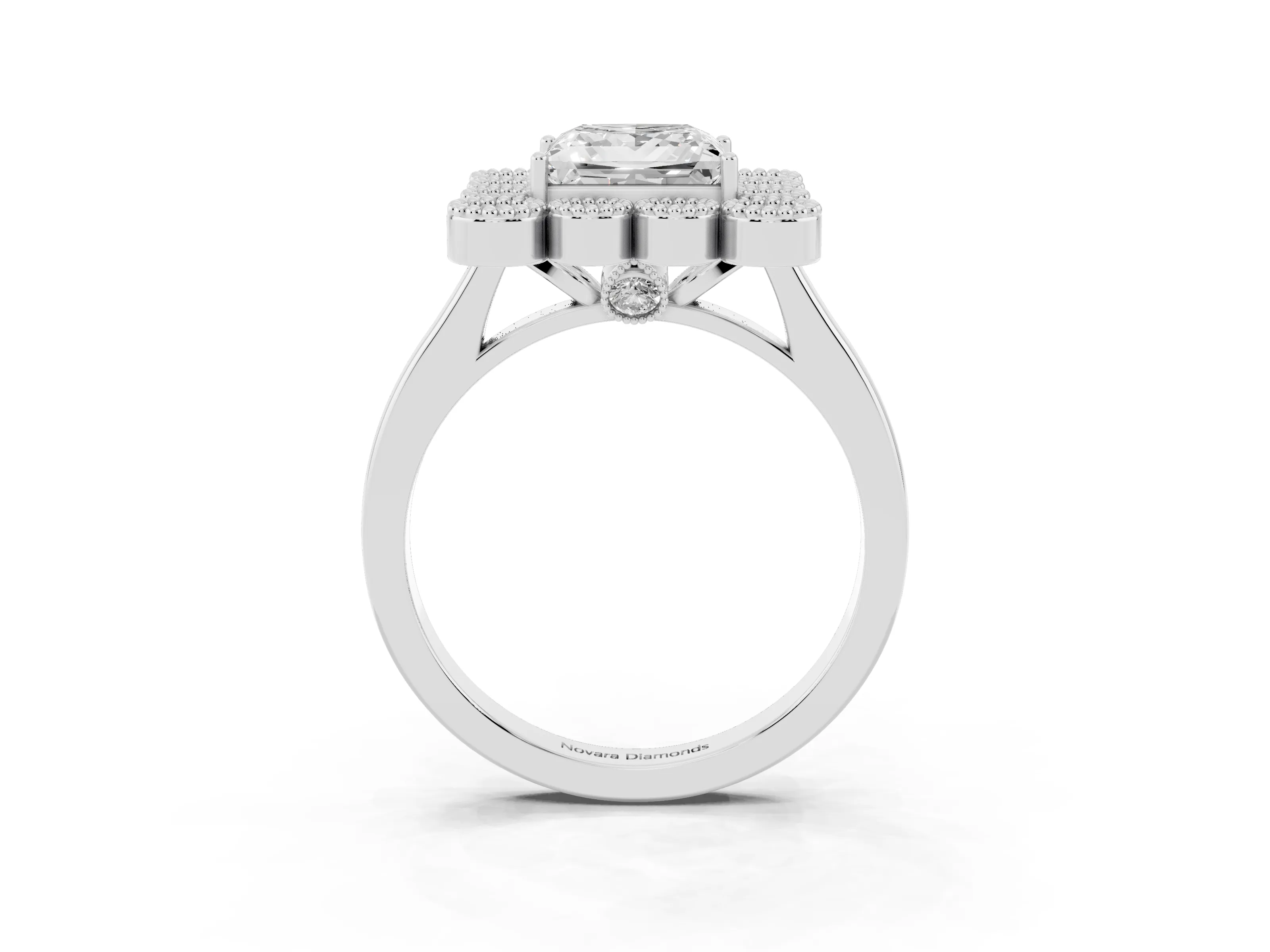 Princess Cut Diamond Cluster Halo Ring Set in White gold with Milgrain Bezel Accents and Plain Band