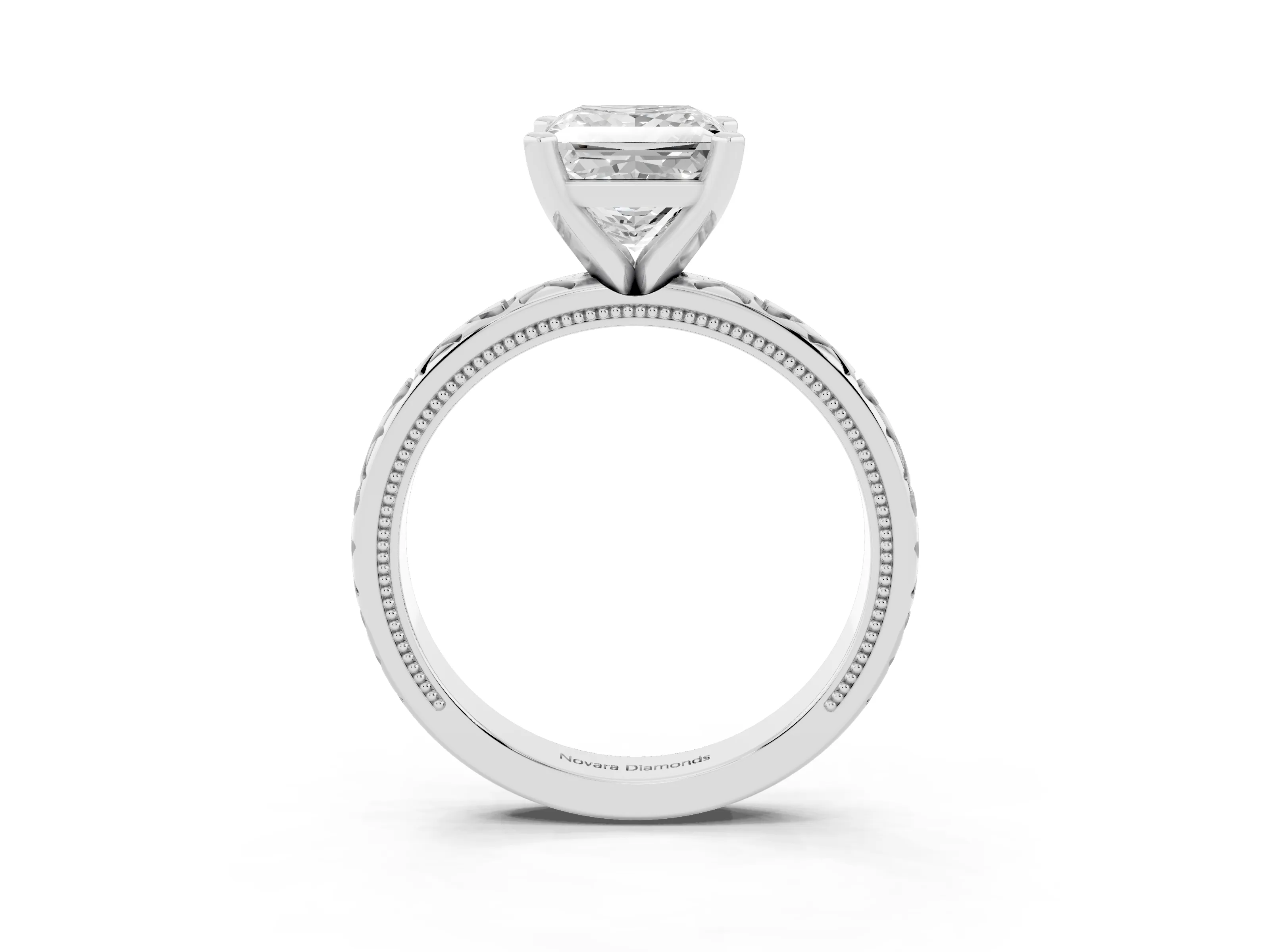 Princess Cut Diamond Solitaire Engagement Ring Set in White gold with XO Engraved Band and Prong Setting