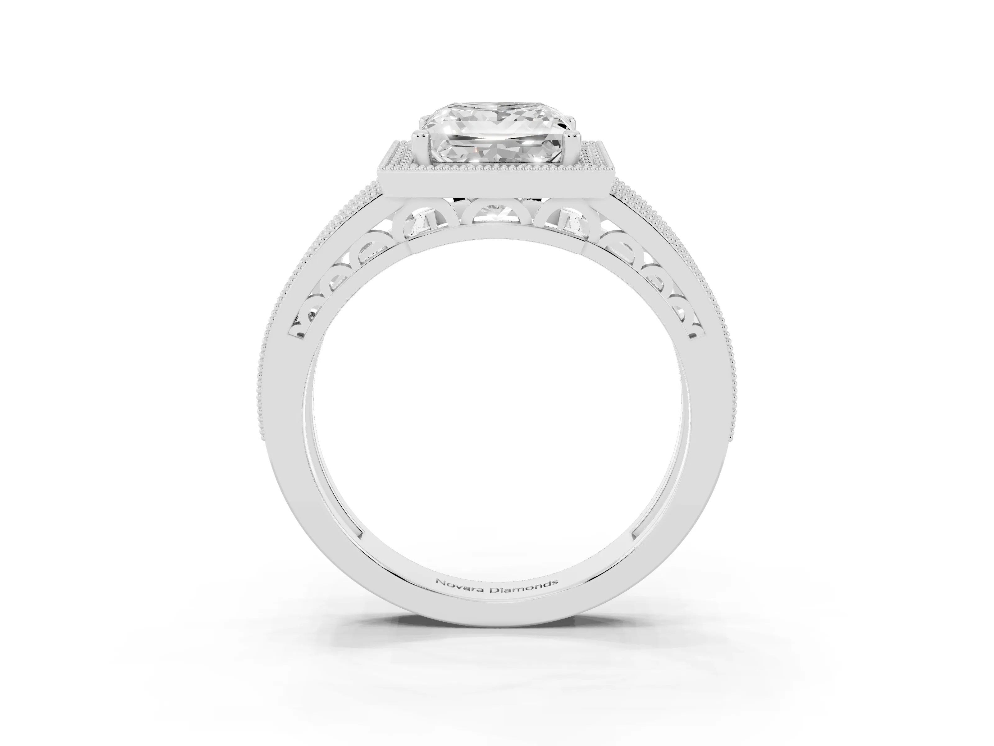 Princess Cut Diamond Halo Ring Set in White gold with Accent Split Shank and Prong Setting