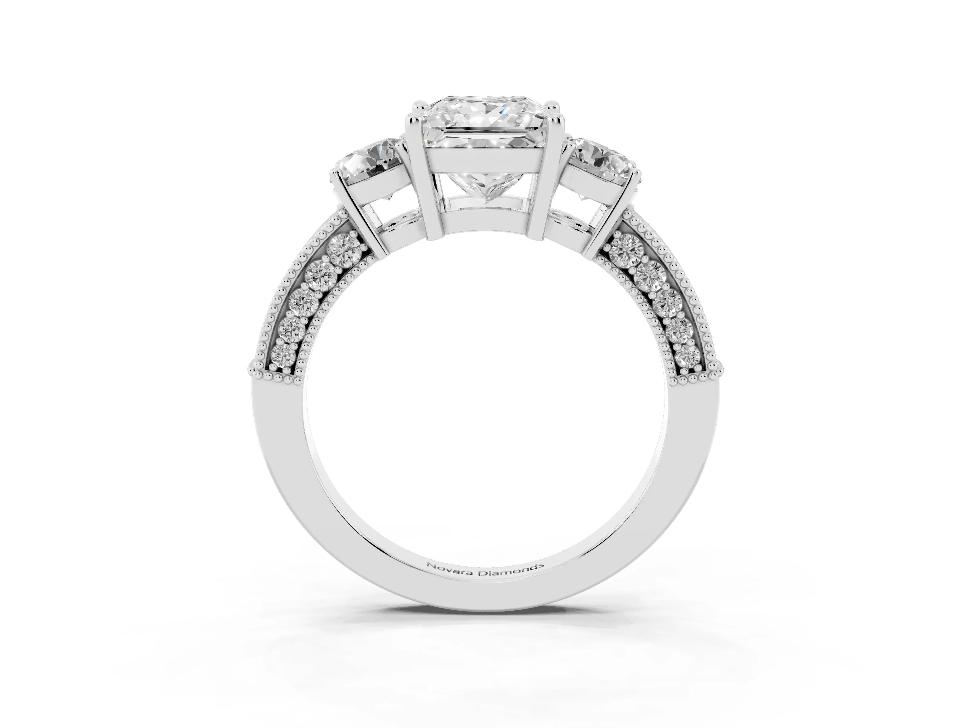 Princess Cut Diamond Three-Stone Ring Set in White gold with Round Side Stones and Pavé Band