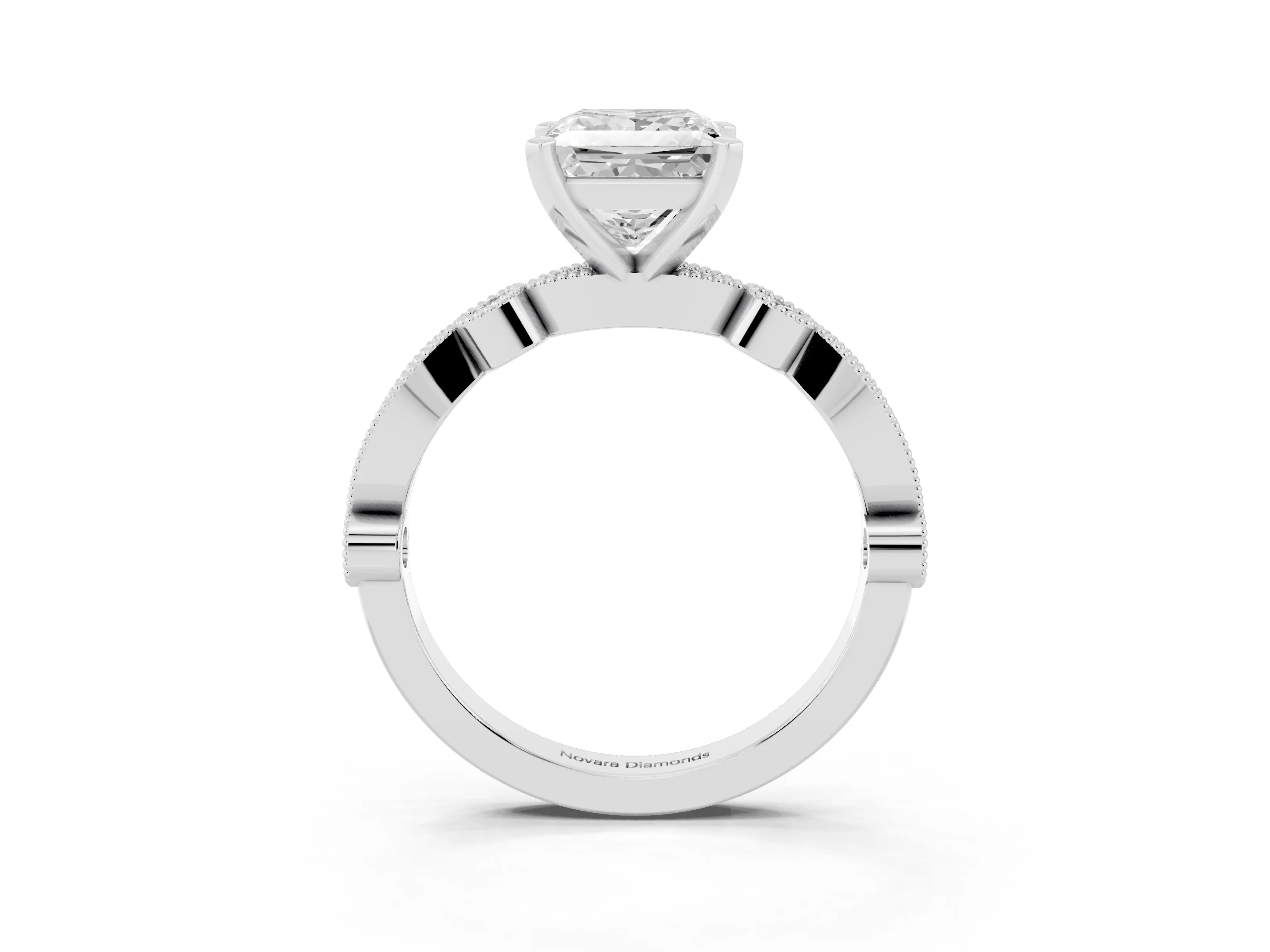 Princess Cut Diamond Solitaire Engagement Ring Set in White gold with Milgrain Bezel Accent Band
