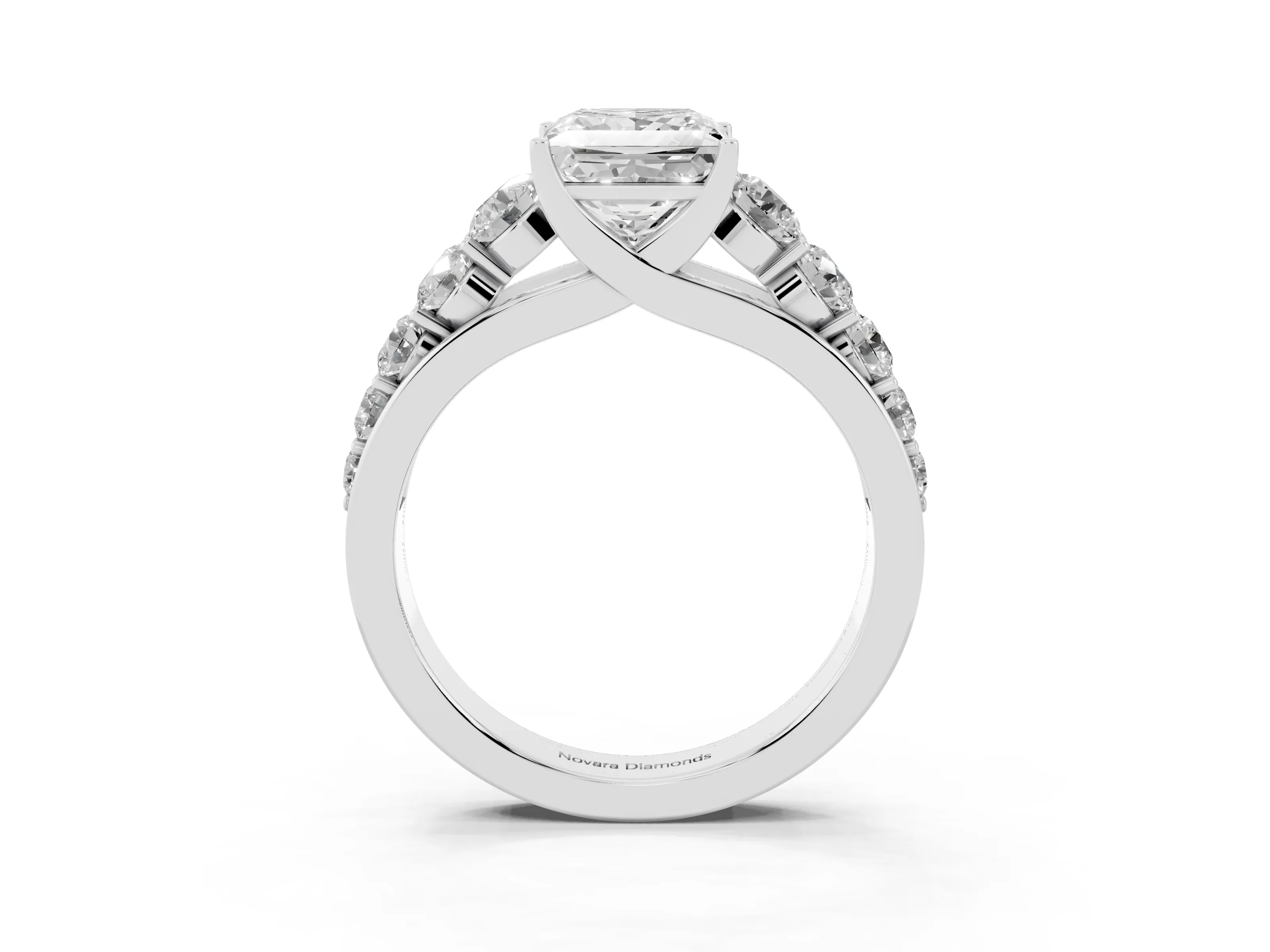 Princess Cut Diamond Solitaire Ring Set in White gold with Pavé-Set Band and Prong Setting