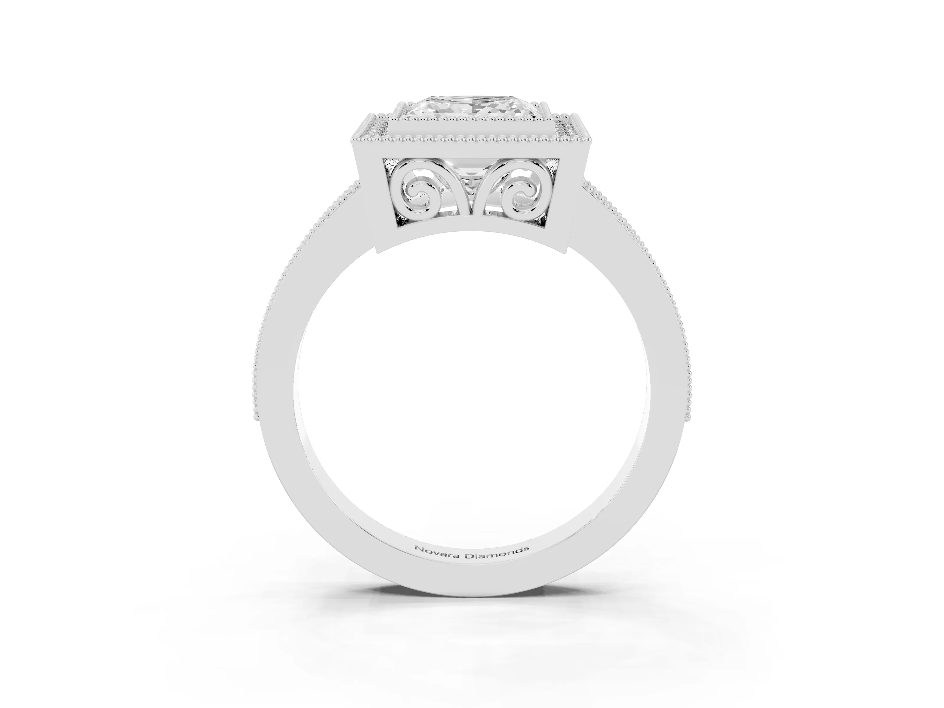 Princess Cut Diamond Halo Ring Set in Platinum with Pavé Band and Milgrain-Edged Prongs