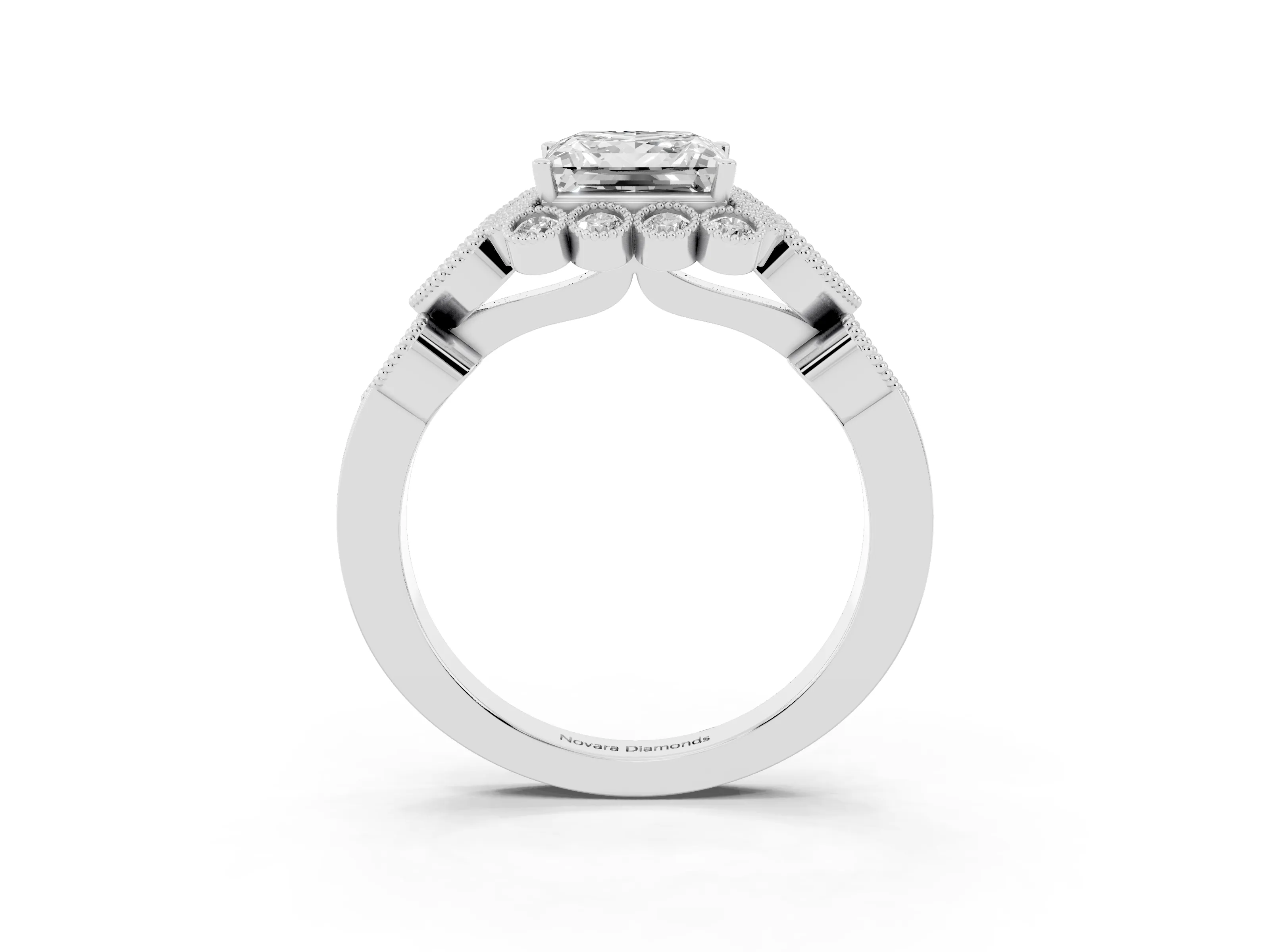 Princess Cut Diamond Solitaire Ring Set in White gold with Milgrain Pavé Heart Band