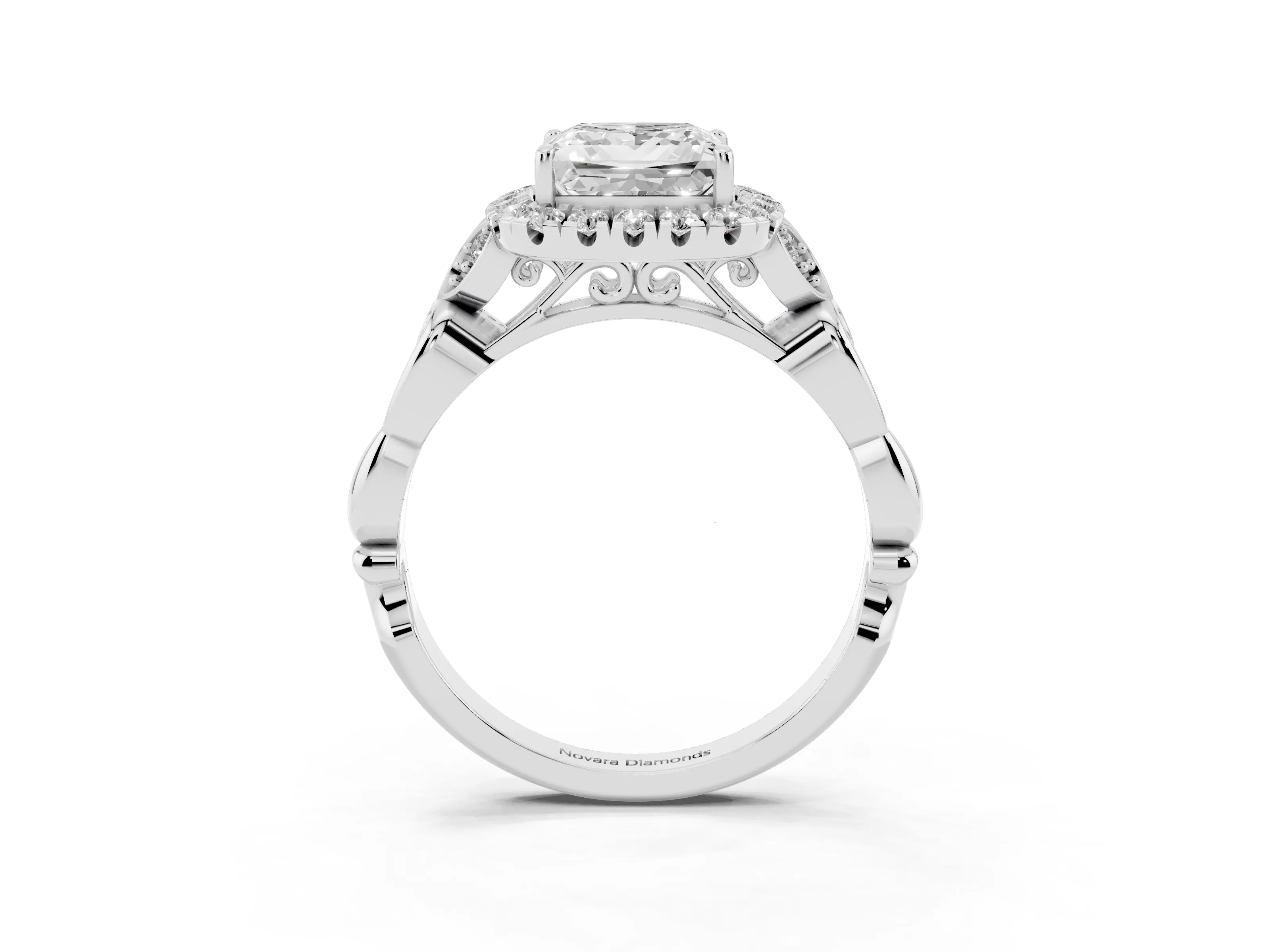 Princess Cut Diamond Halo Engagement Ring Set in Platinum with Vintage-Inspired Band and Prong Setting