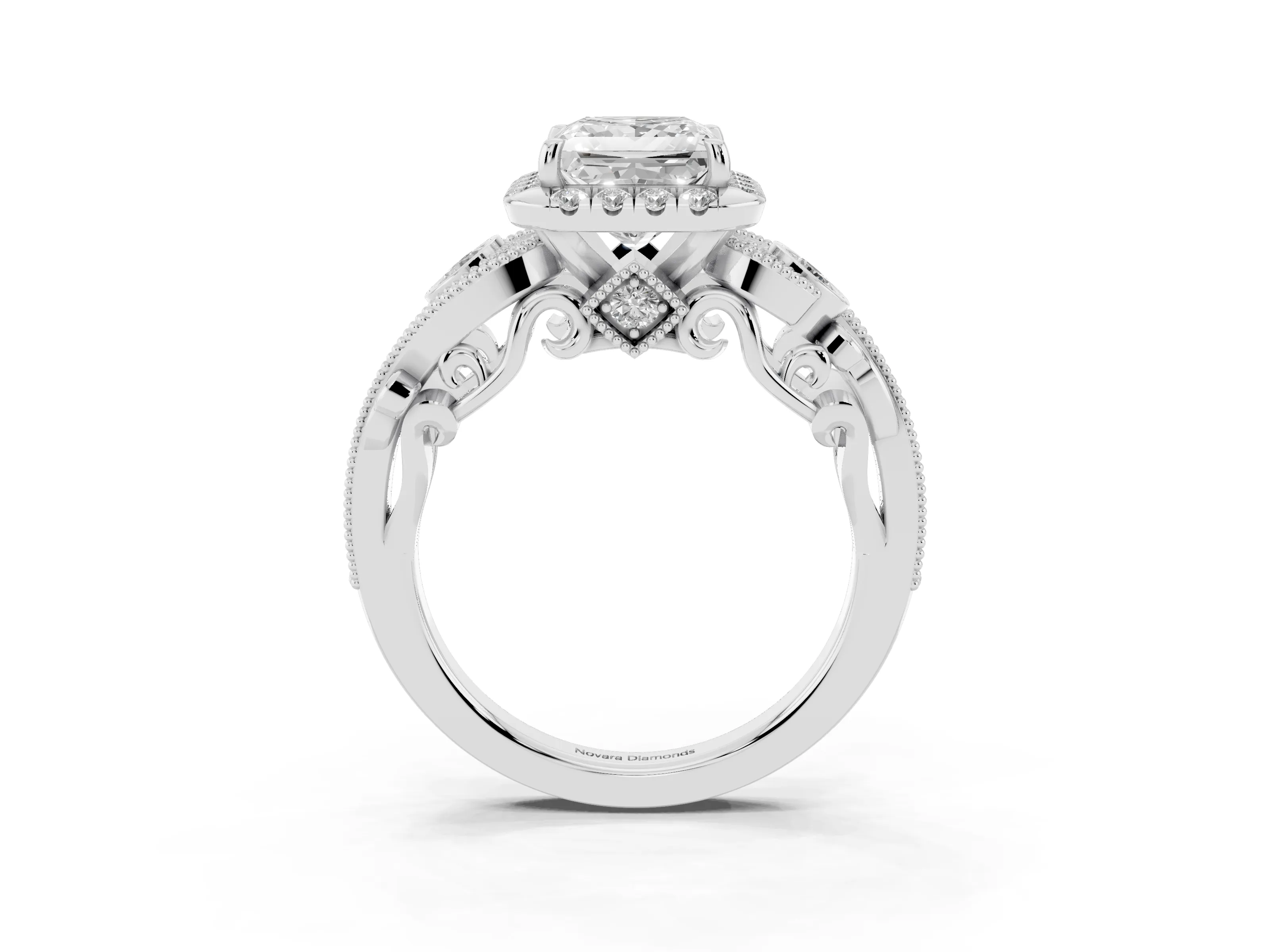 Princess Cut Diamond Halo Ring Set in White gold with Milgrain Pavé Band and Prong Setting