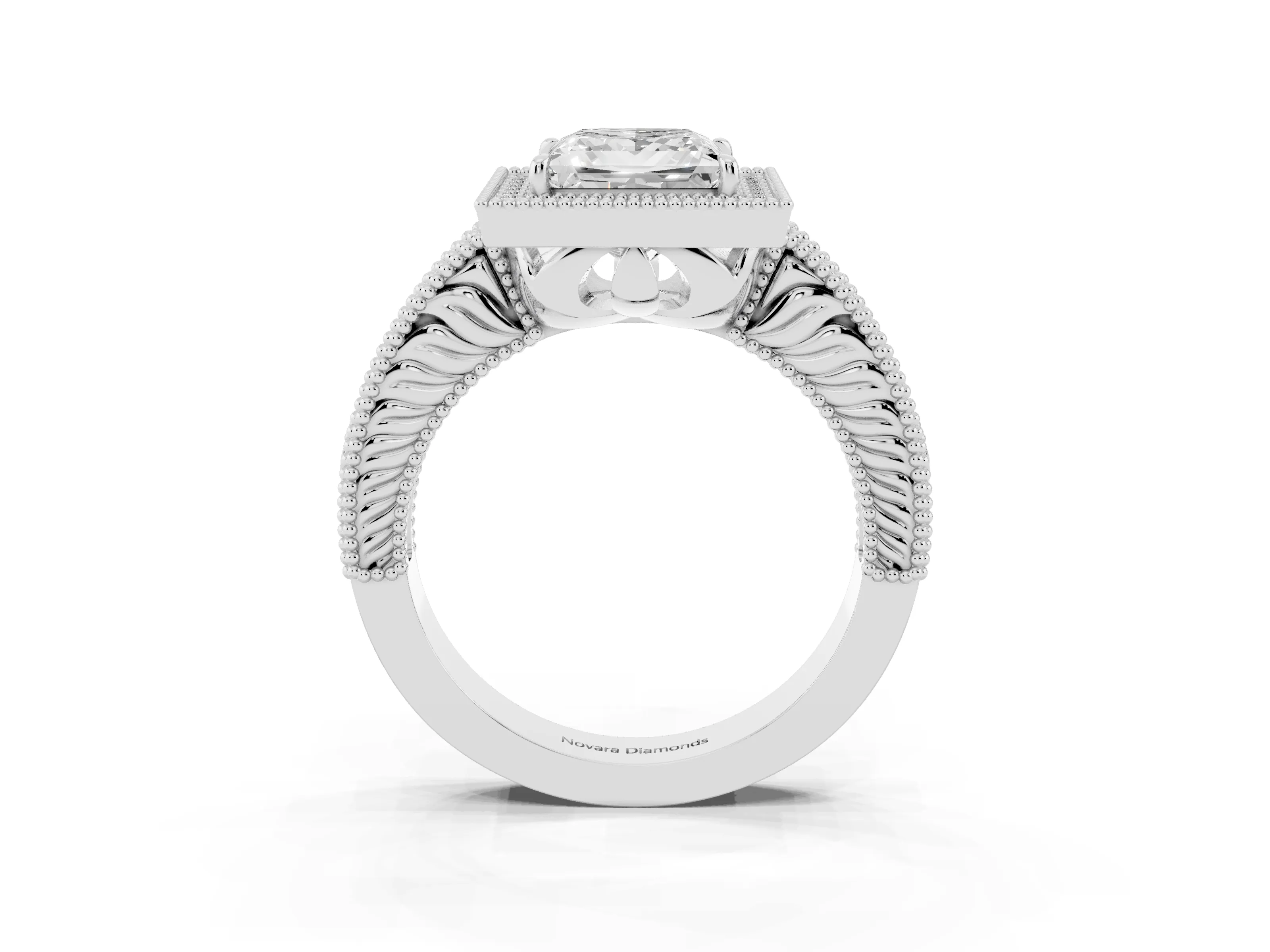 Princess Cut Diamond Halo Ring Set in White gold with Round Accent Halo, Pavé Band and Prong Setting