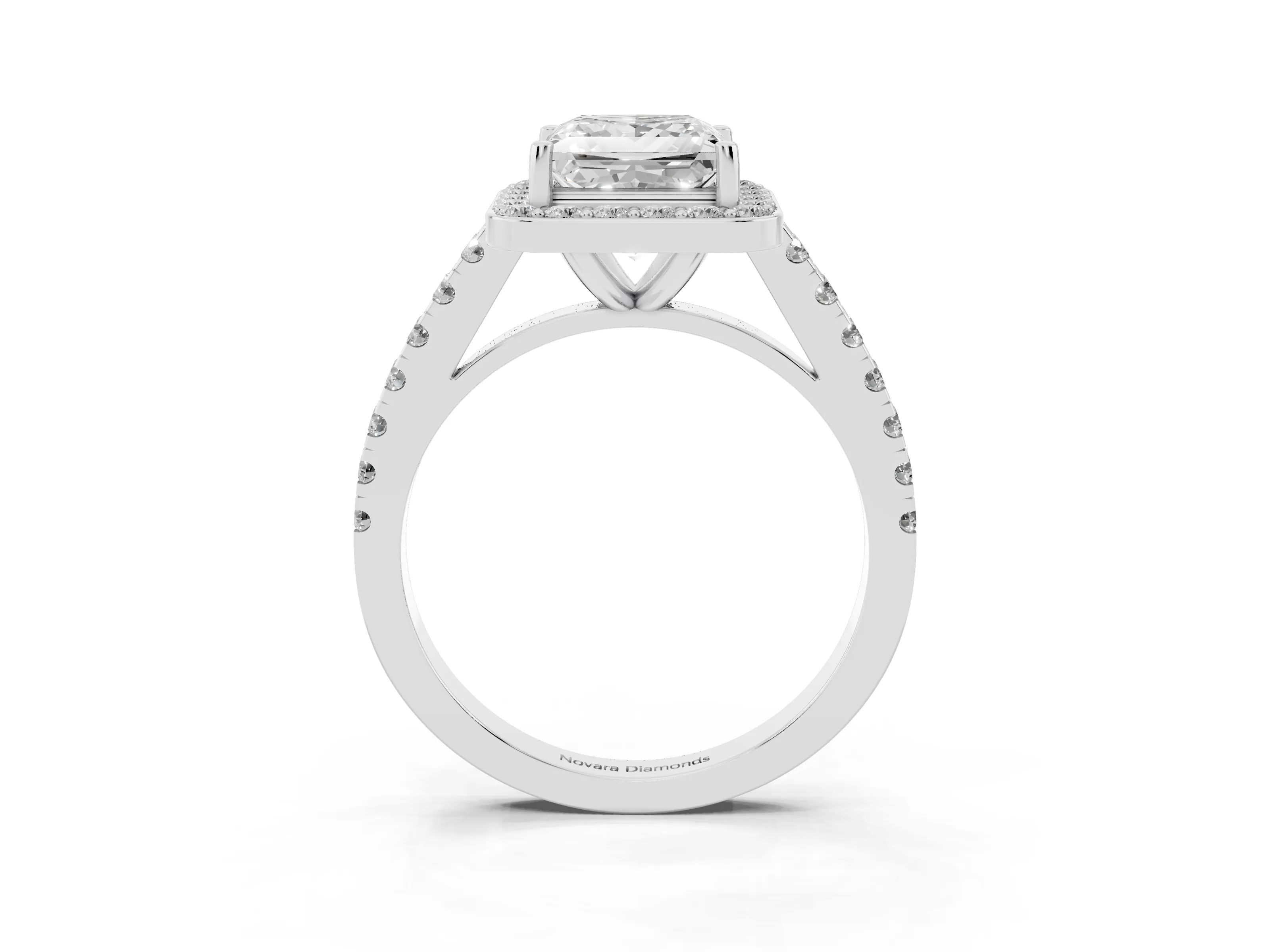 Princess Cut Diamond Halo Ring Set in Silver with Round Pavé Split Shank and Prong Setting