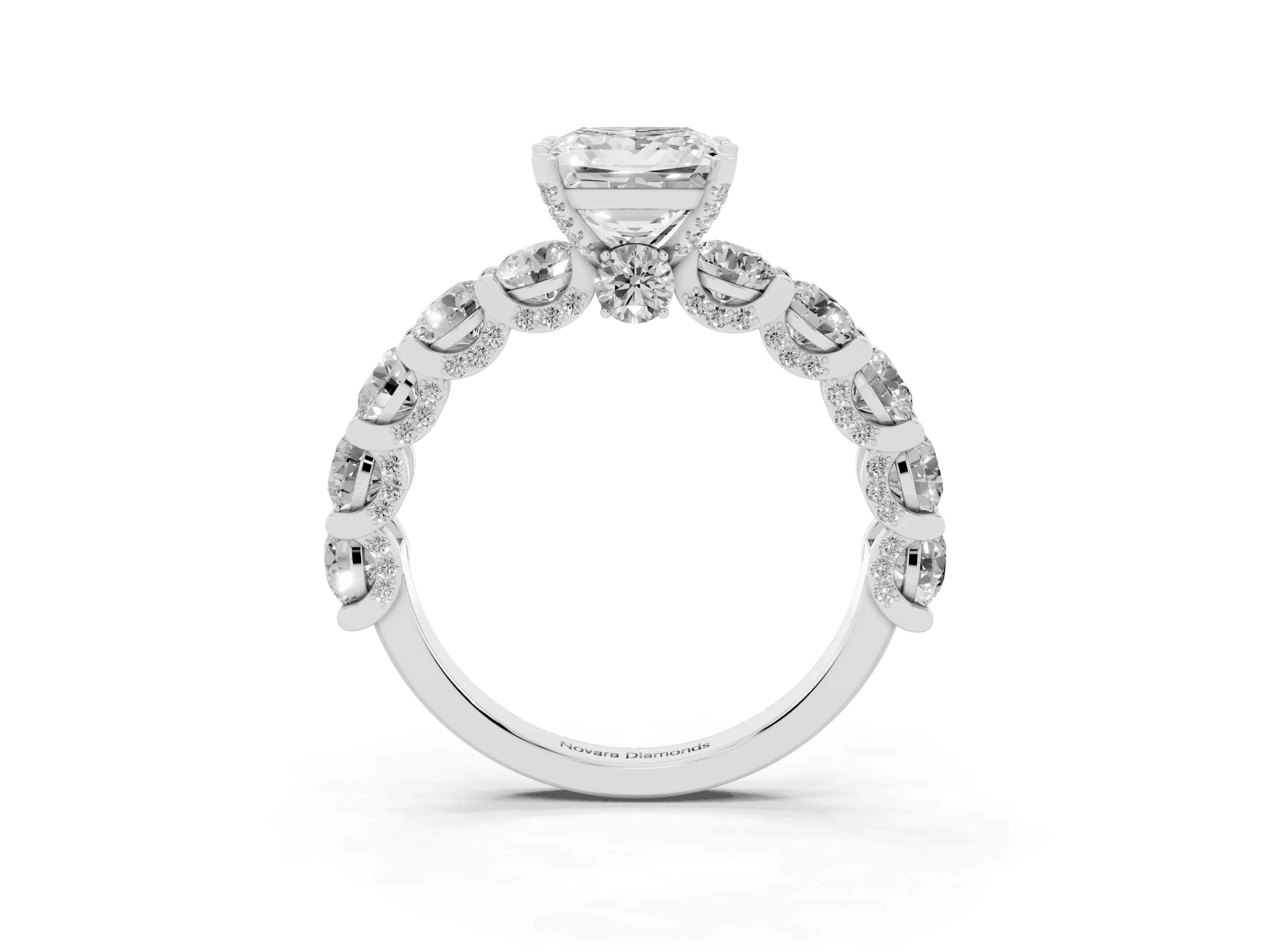 Princess Cut Diamond Side Stone Ring Set in Silver with Alternating Round and Oval Side Stones