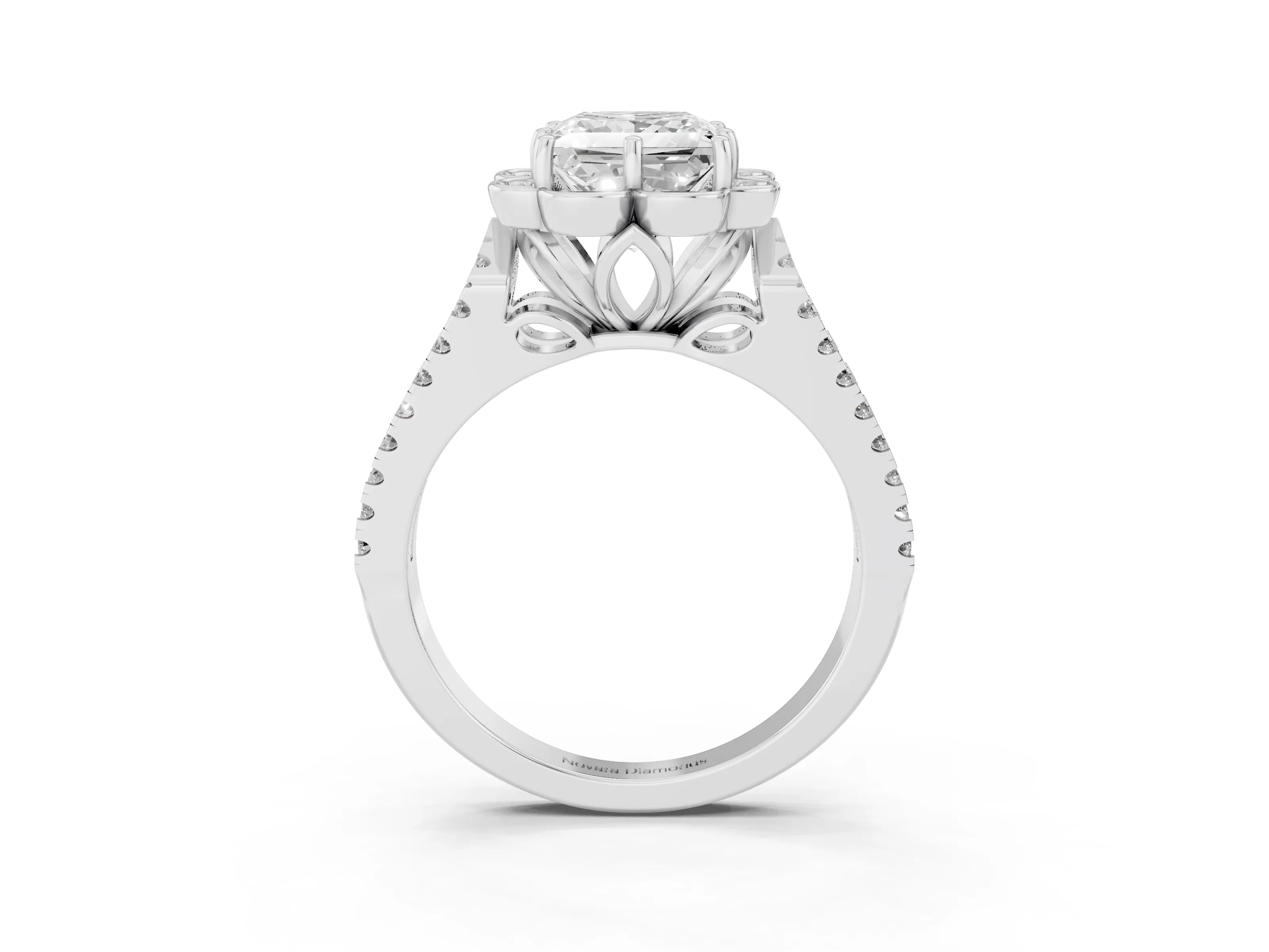 Princess Cut Diamond Floral Halo Split Shank Engagement Ring Set in White gold with Pavé Shank