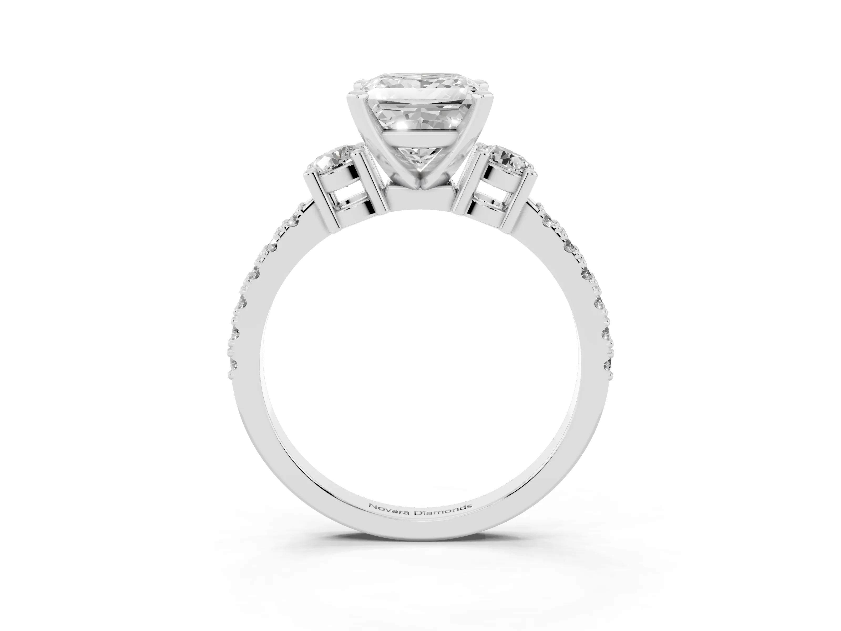 Three-Stone Princess Cut Diamond Pavé Band Ring Set in Silver with Prong Setting