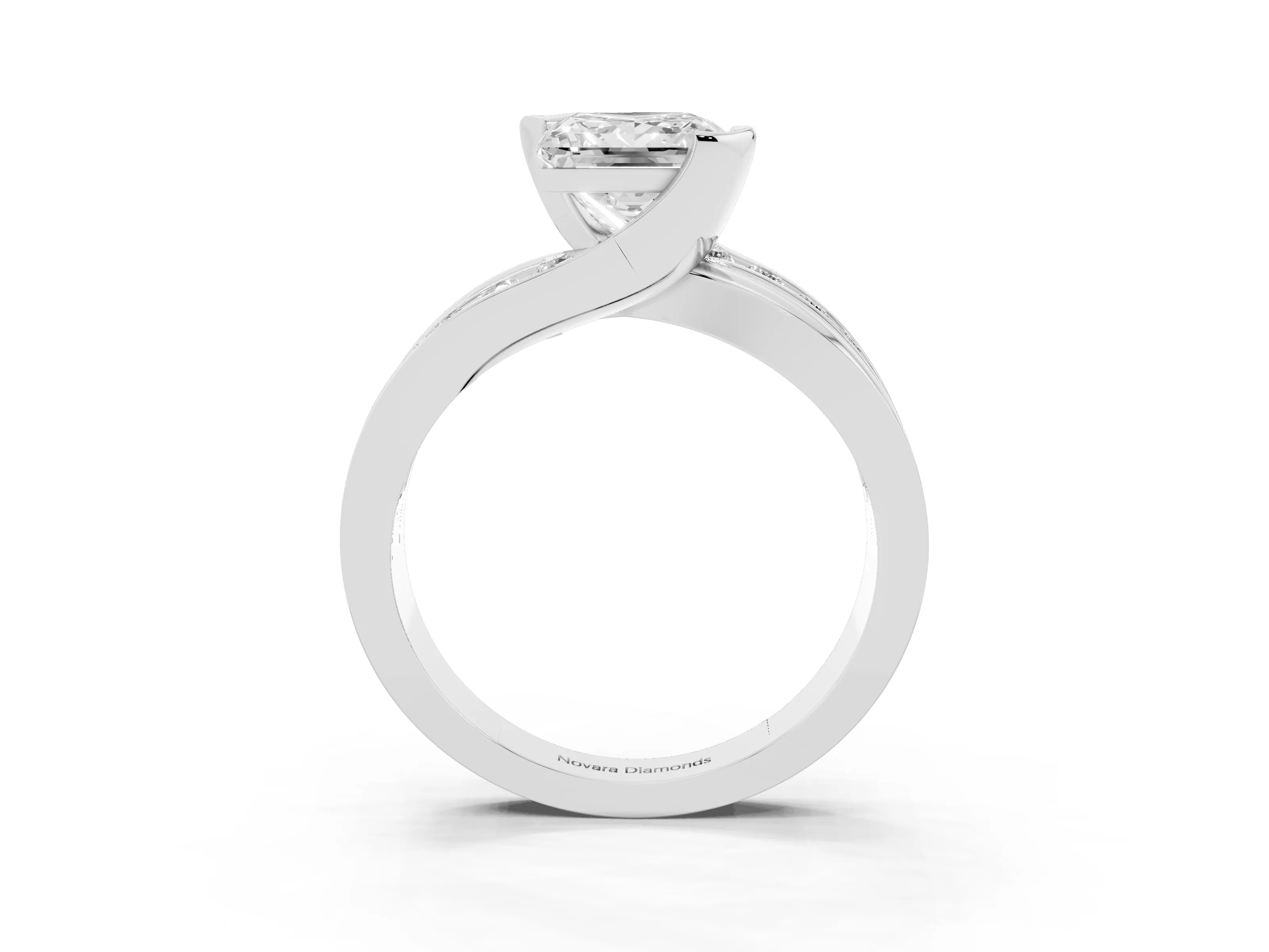 Princess Cut Diamond Solitaire Ring Set in Platinum with Channel Set Split Shank and Tension Prongs