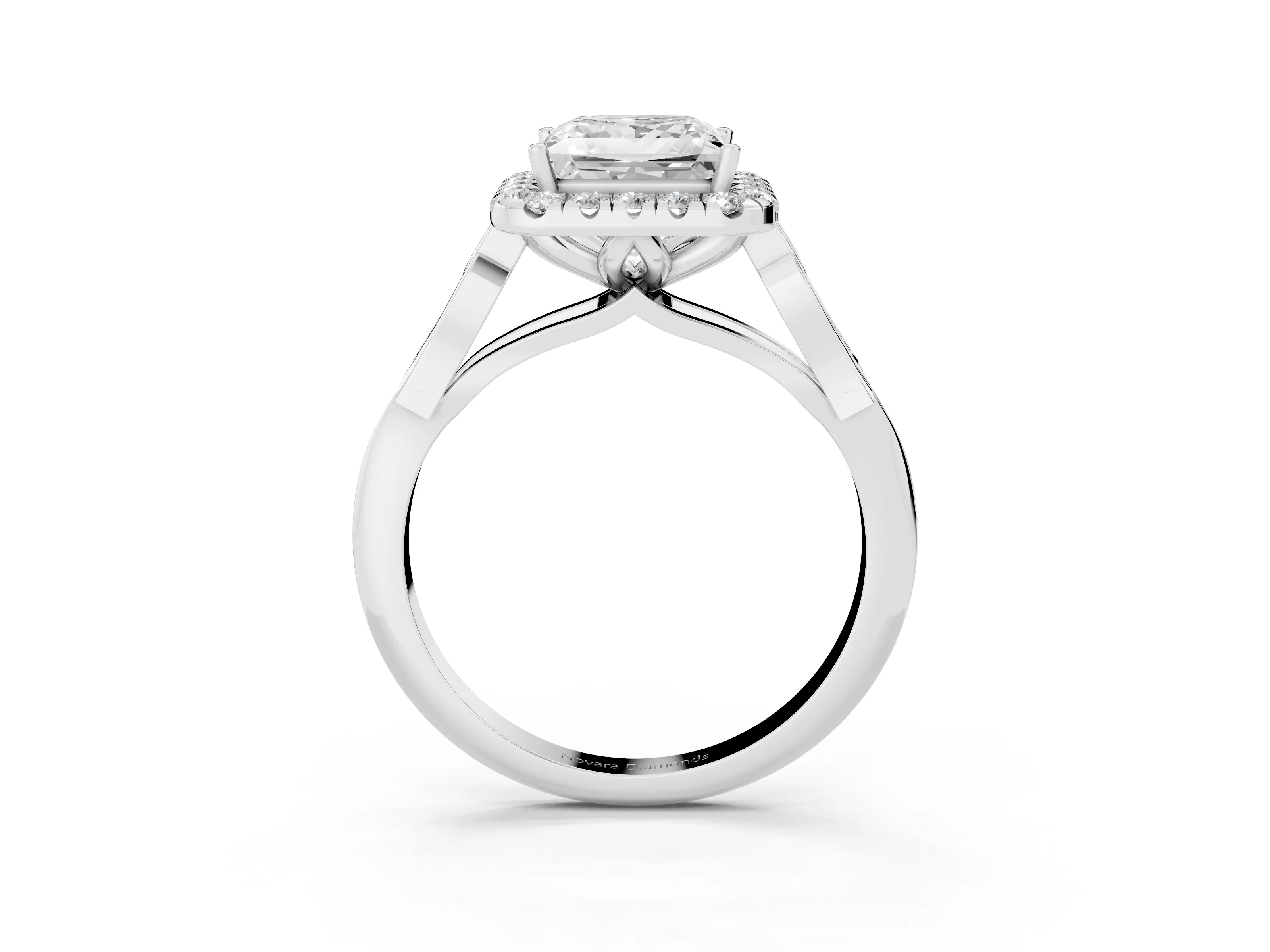 Princess Cut Diamond Halo Engagement Ring Set in White gold with Filigree Band and Prong-Set Center