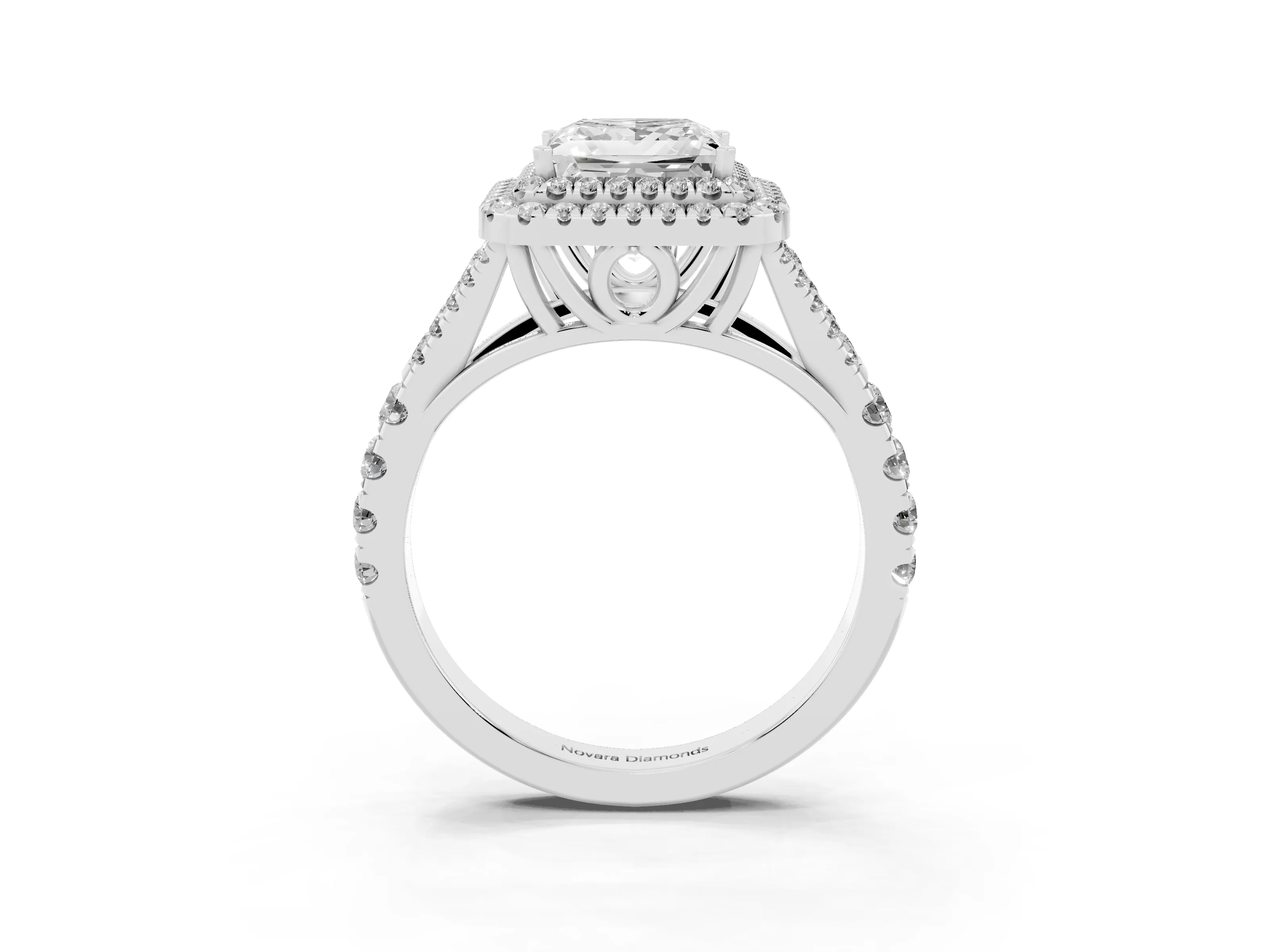 Princess Cut Diamond Pavé Split Shank Double Halo Engagement Ring Set in Silver