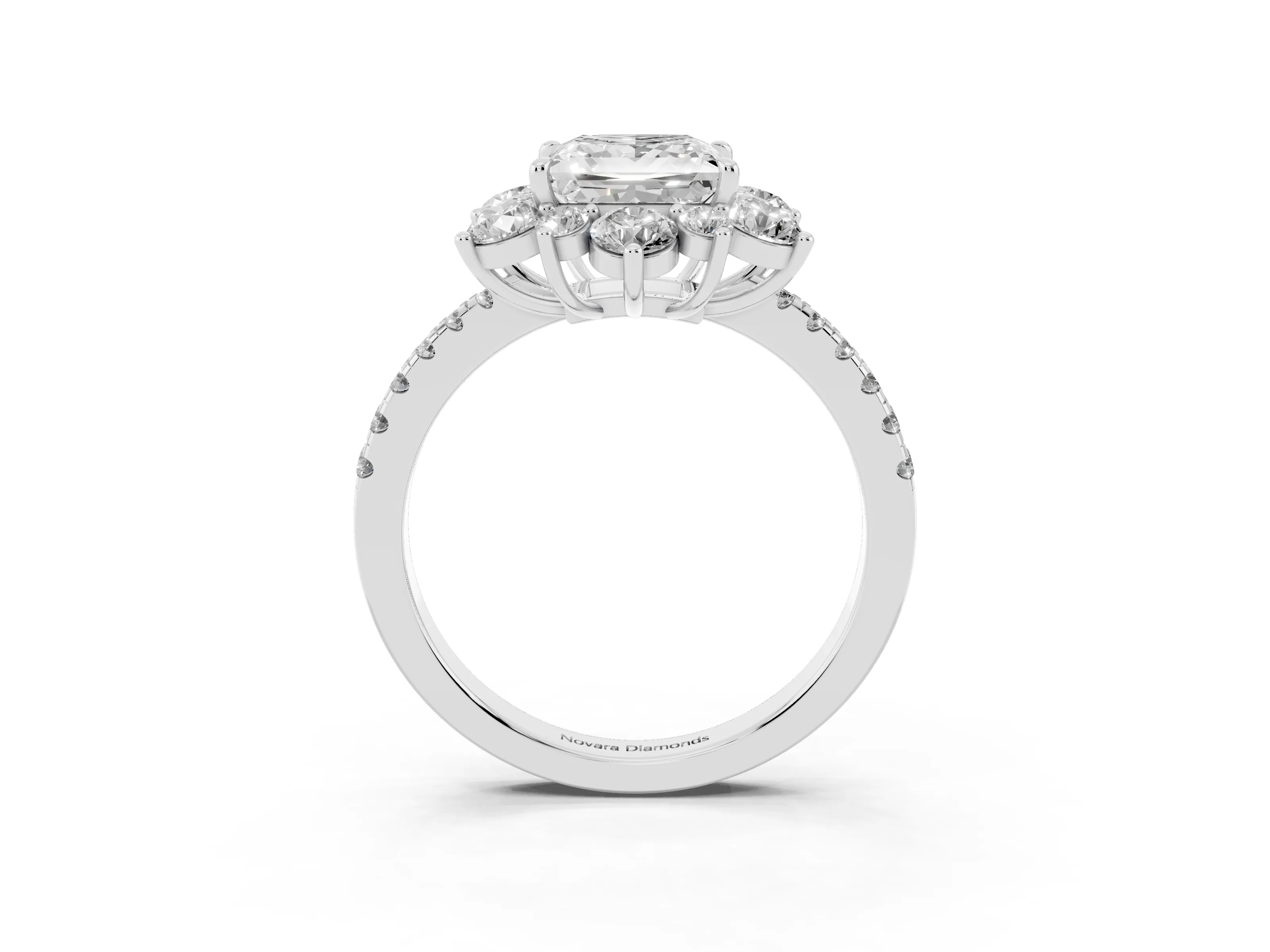 Princess Cut Diamond Floral Halo Ring Set in White gold with Round Pavé Band and Prong Setting
