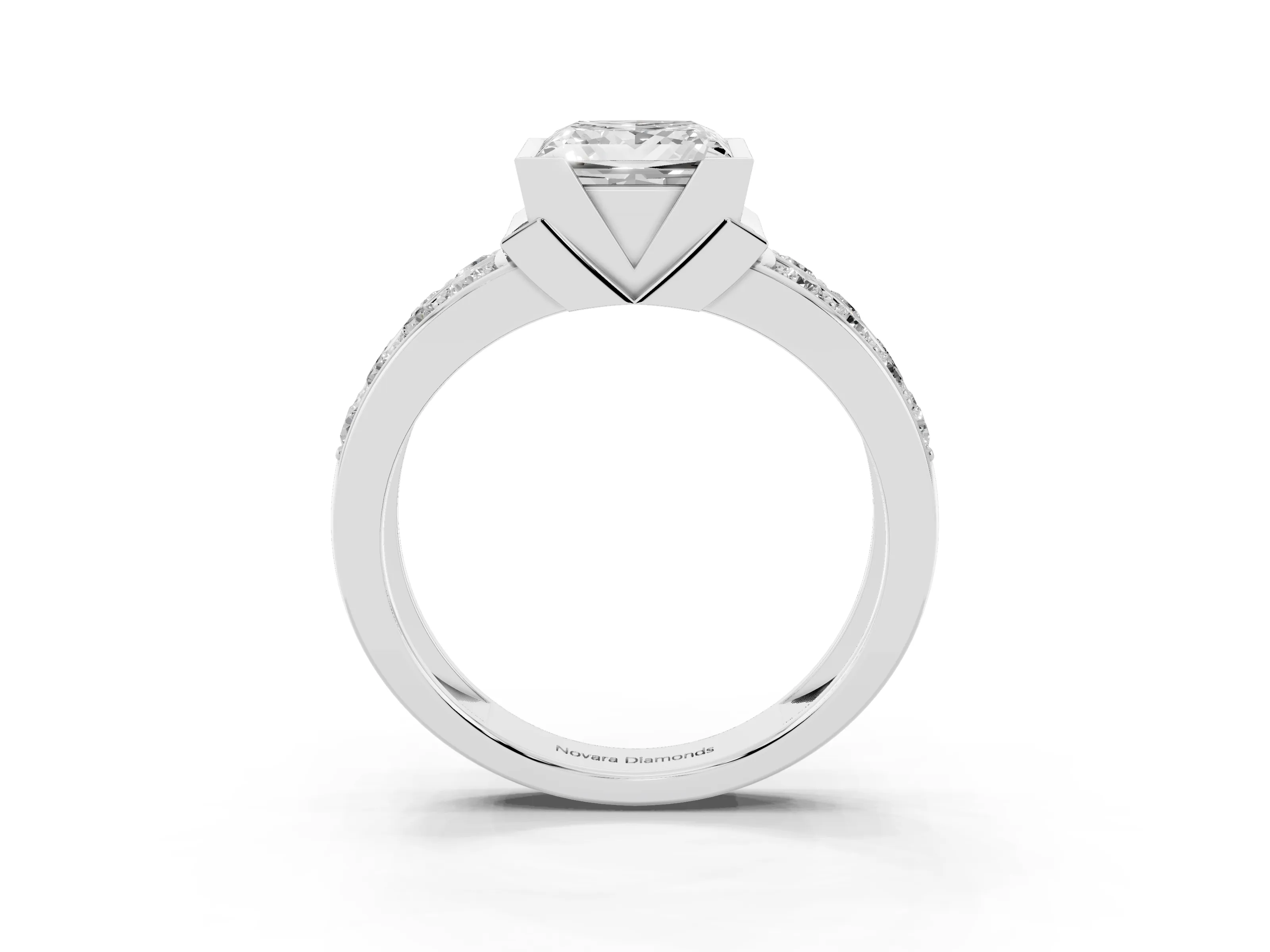 Princess Cut Diamond Wide Channel Set Band Ring Set in White gold with Bezel Setting