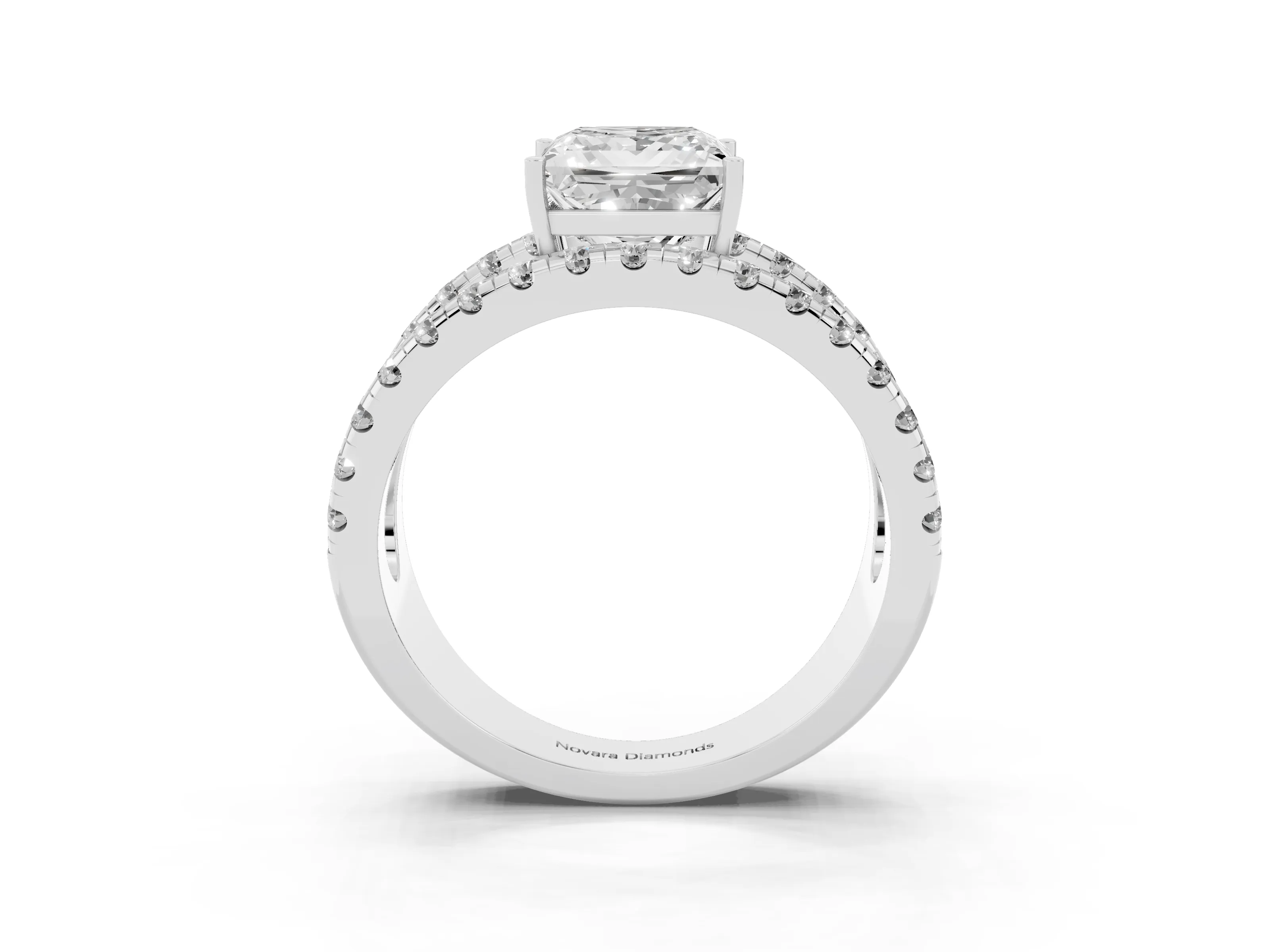 Princess Cut Diamond Split Shank Pavé Solitaire Ring Set in White gold with Open Shank Design