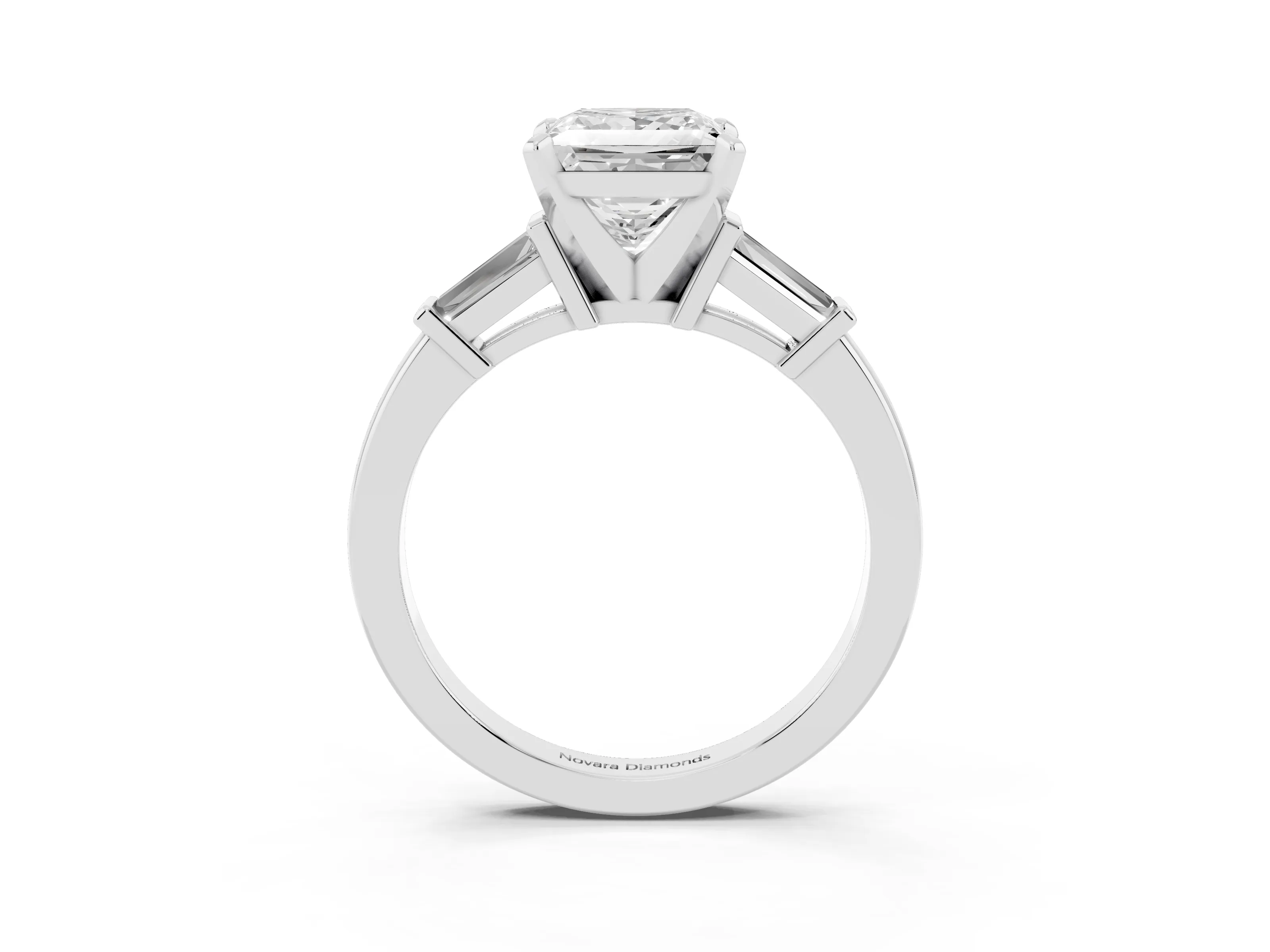 Princess Cut Diamond Solitaire Ring Set in Silver with Tapered Baguette Accents and Prong Setting
