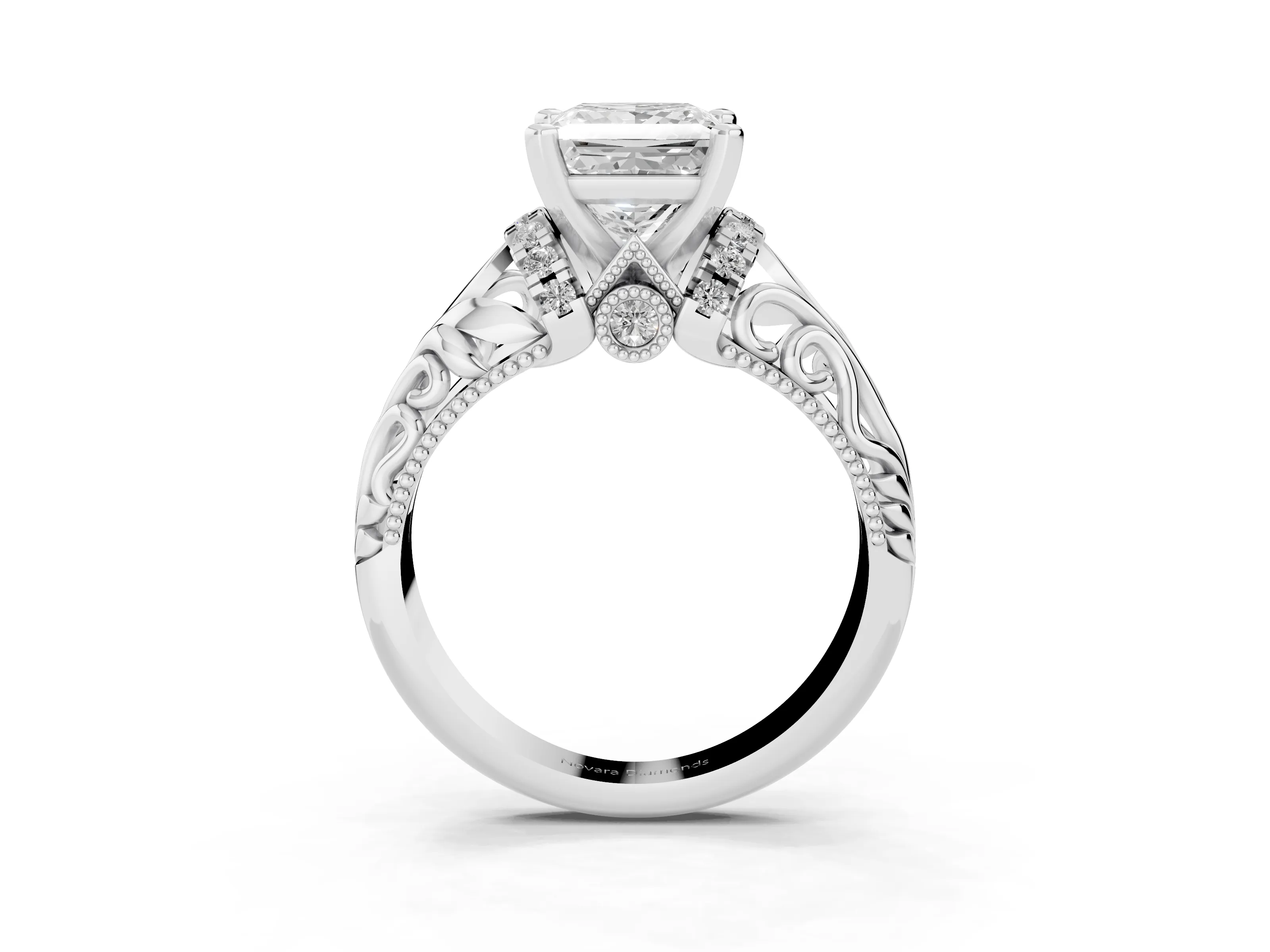 Princess Cut Diamond Filigree Halo Engagement Ring Set in Silver with Prong Setting