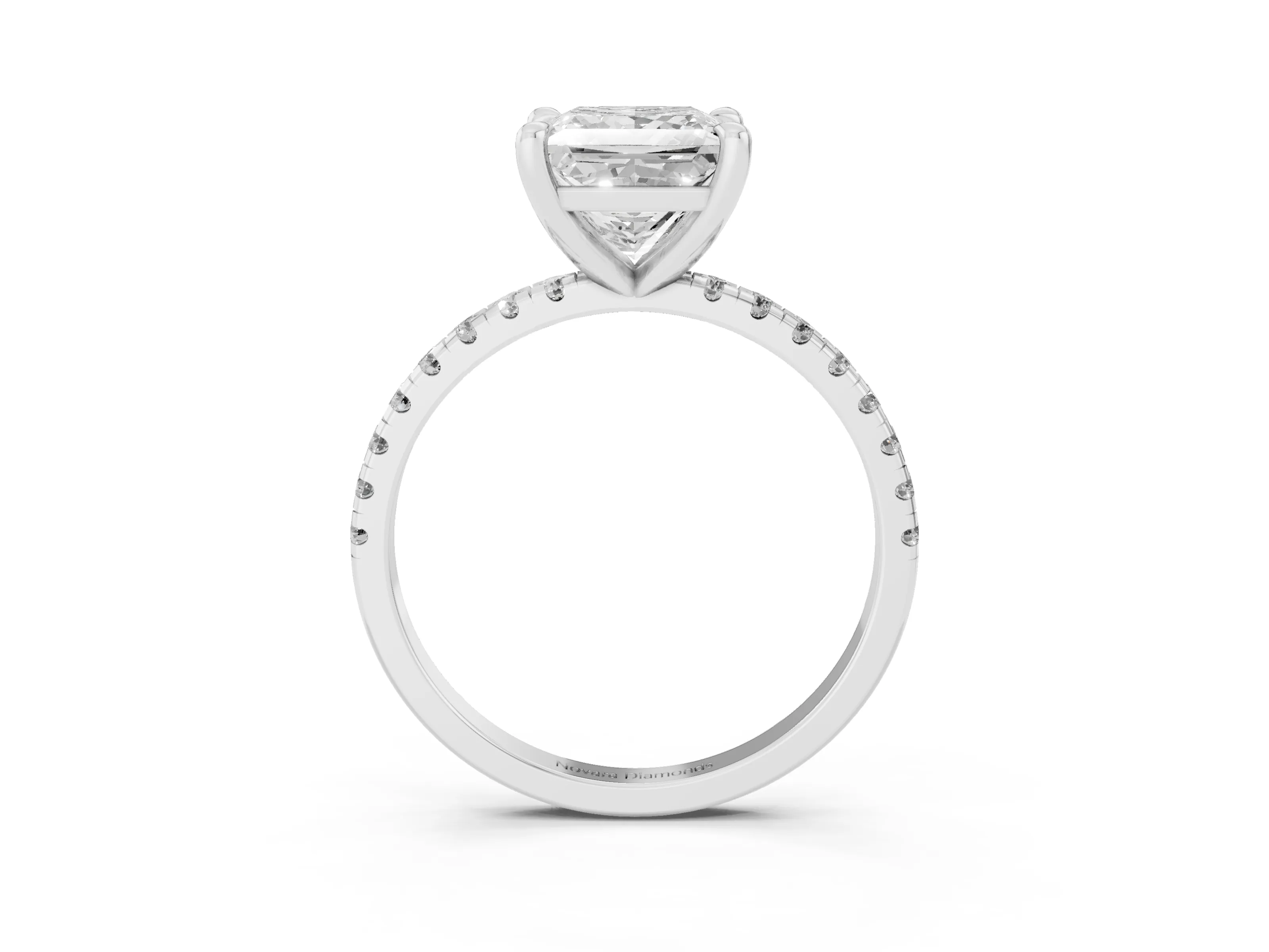 Princess Cut Diamond Brilliant Solitaire Ring Set in White gold with Pavé Band and Prong Setting
