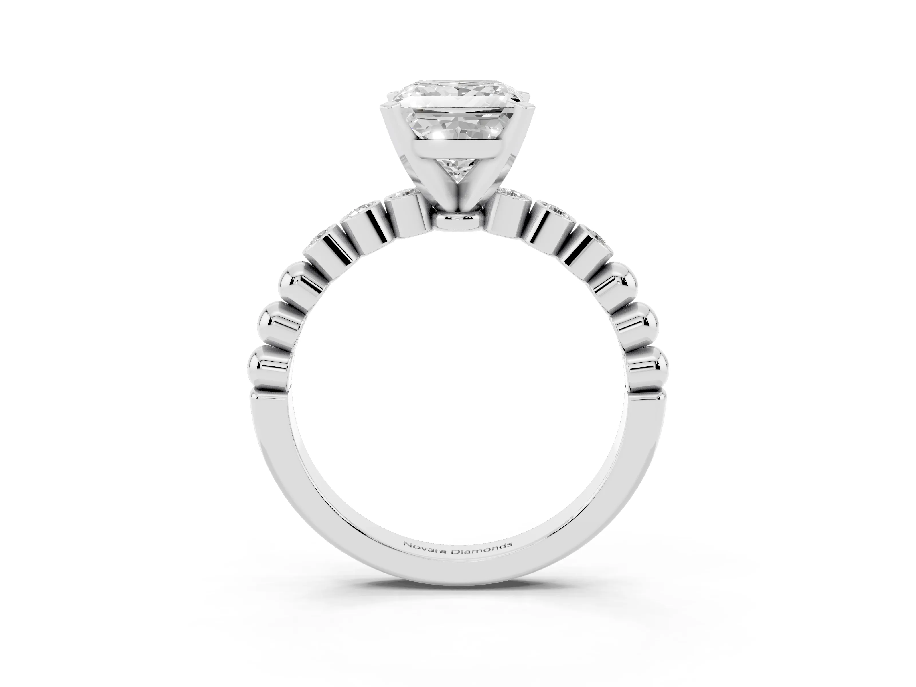 Princess Cut Diamond Solitaire Engagement Ring Set in Platinum with Bezel Accents on Beaded Band