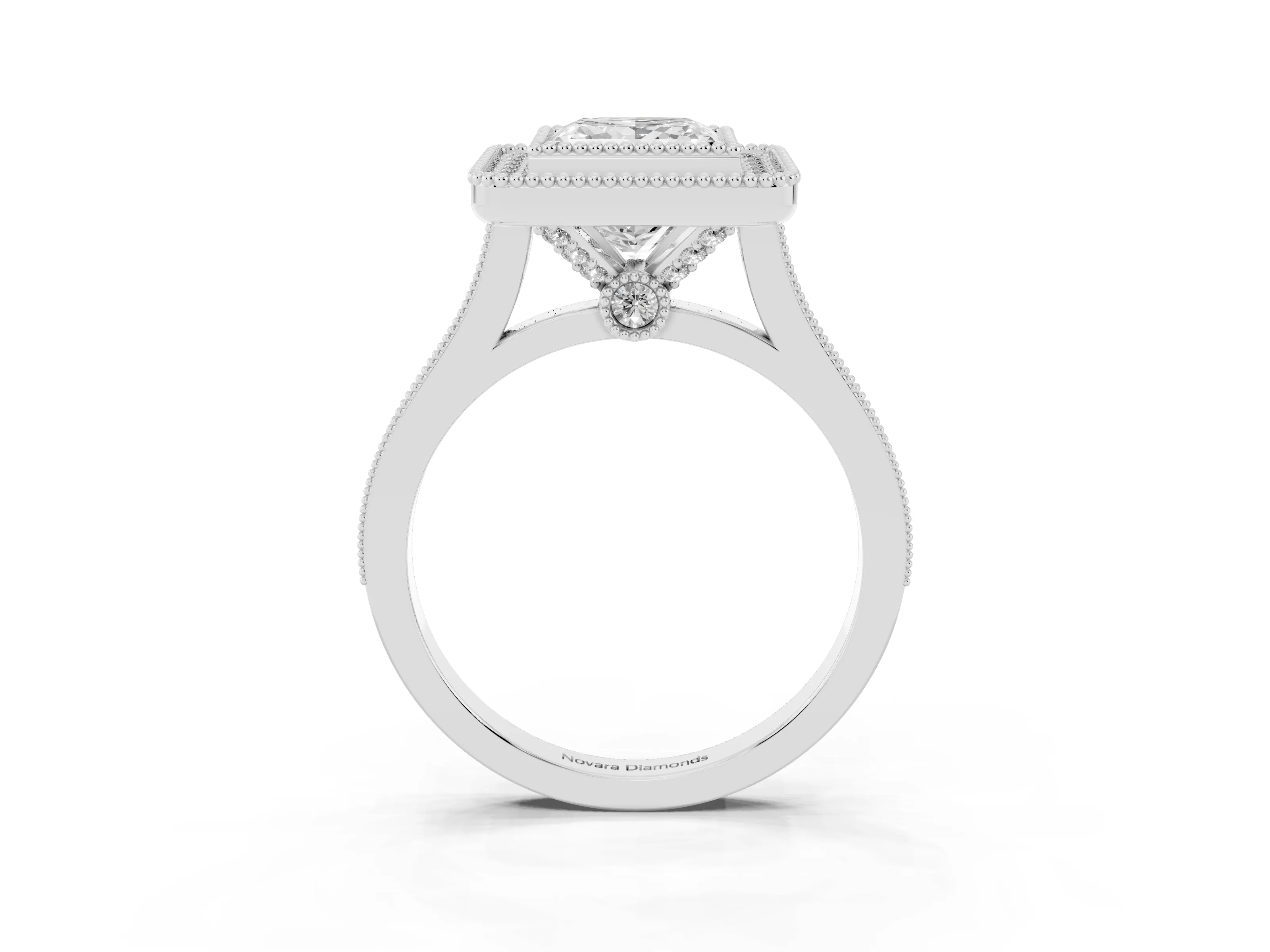Princess Cut Diamond Halo Ring Set in White gold with Milgrain Frame and Pavé Band