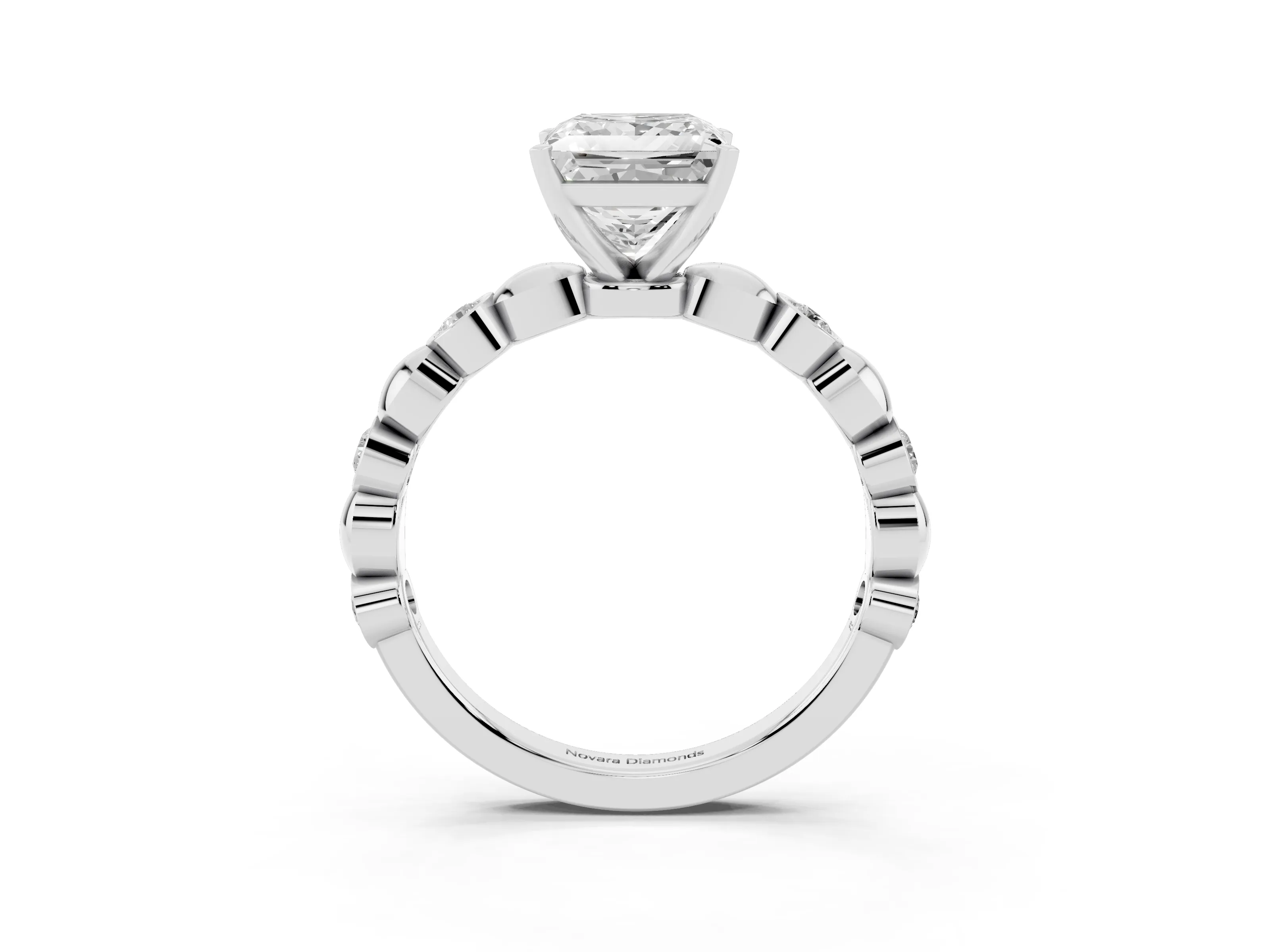 Princess Cut Diamond Solitaire Ring Set in White gold with Bezel-Set Accents on Beaded Band and Prong Setting