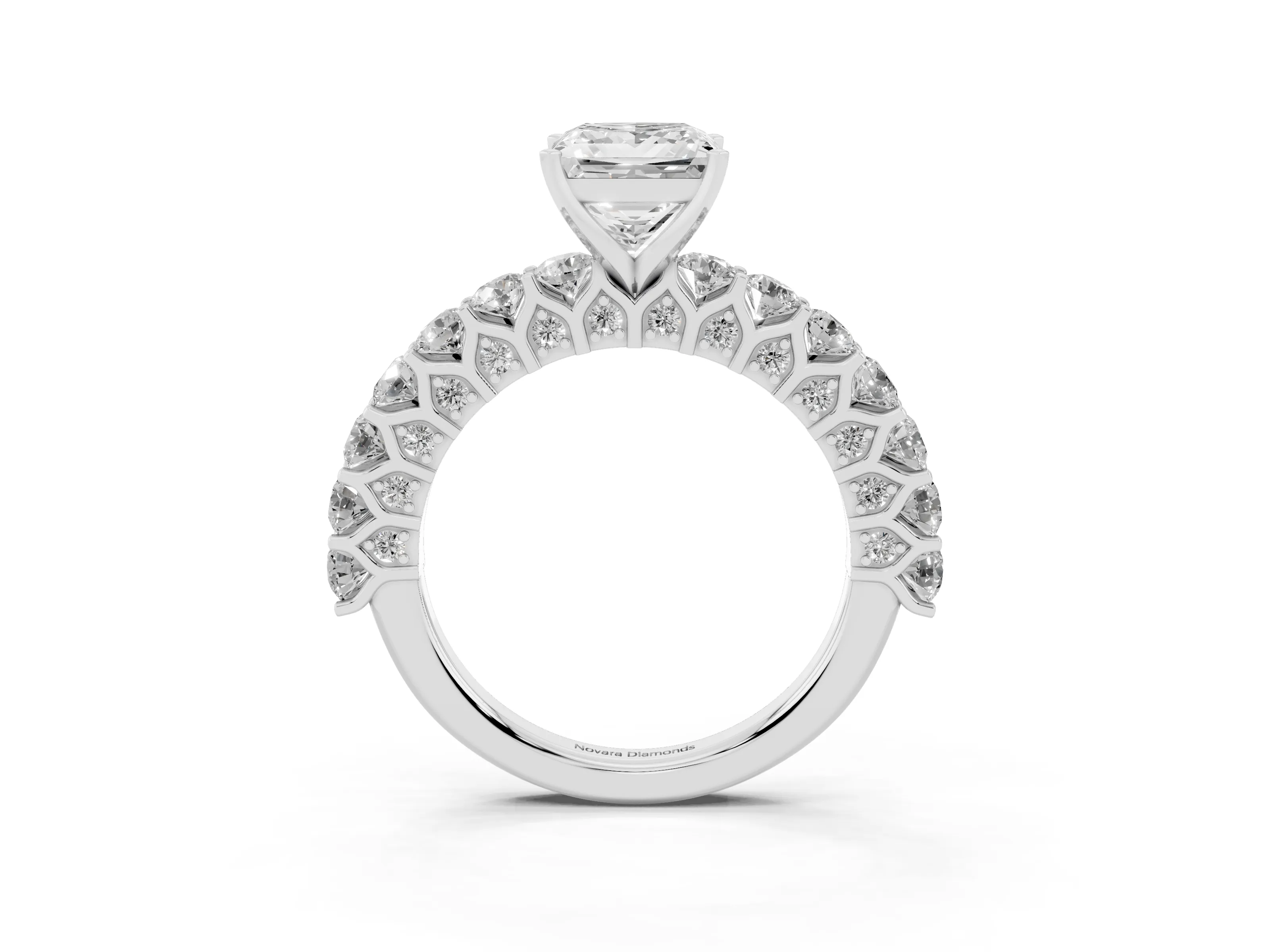 Princess Cut Diamond Solitaire Ring Set in White gold with Shared Prong Pavé Band