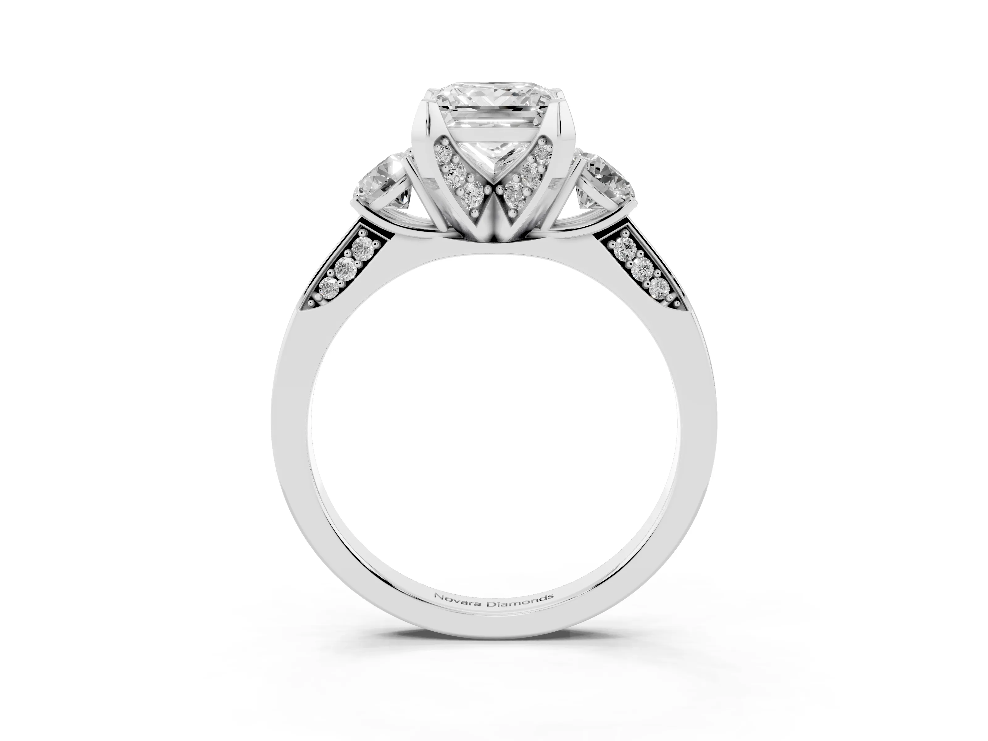 Princess Cut Diamond Three-Stone Ring Set in Silver with Pavé Band and Smaller Side Stones