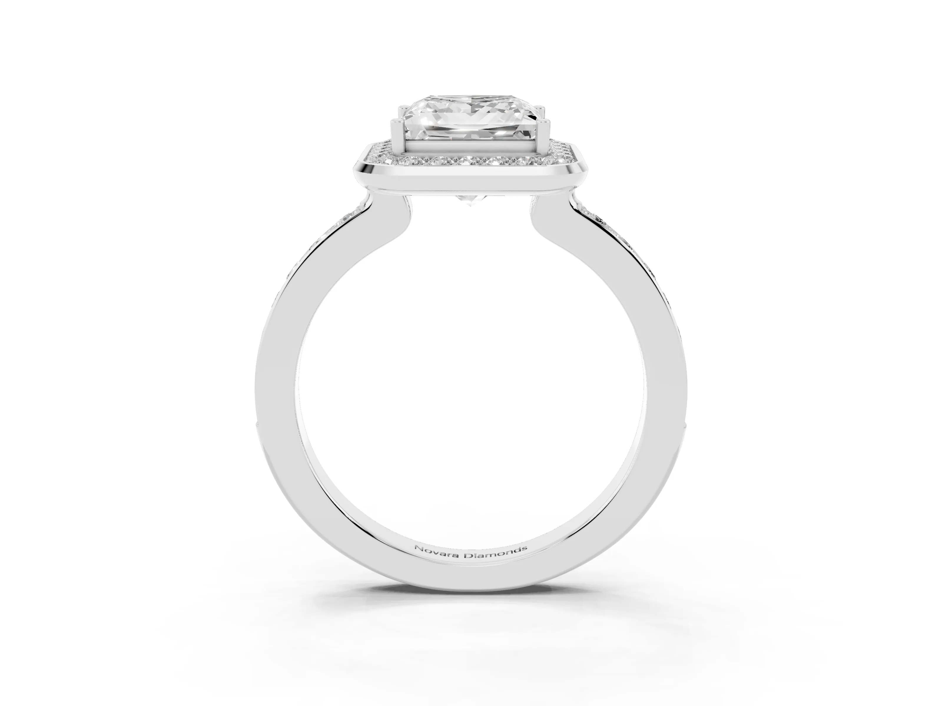 Princess Cut Diamond Halo Ring Set in Platinum with Bezel Frame and Pavé Band