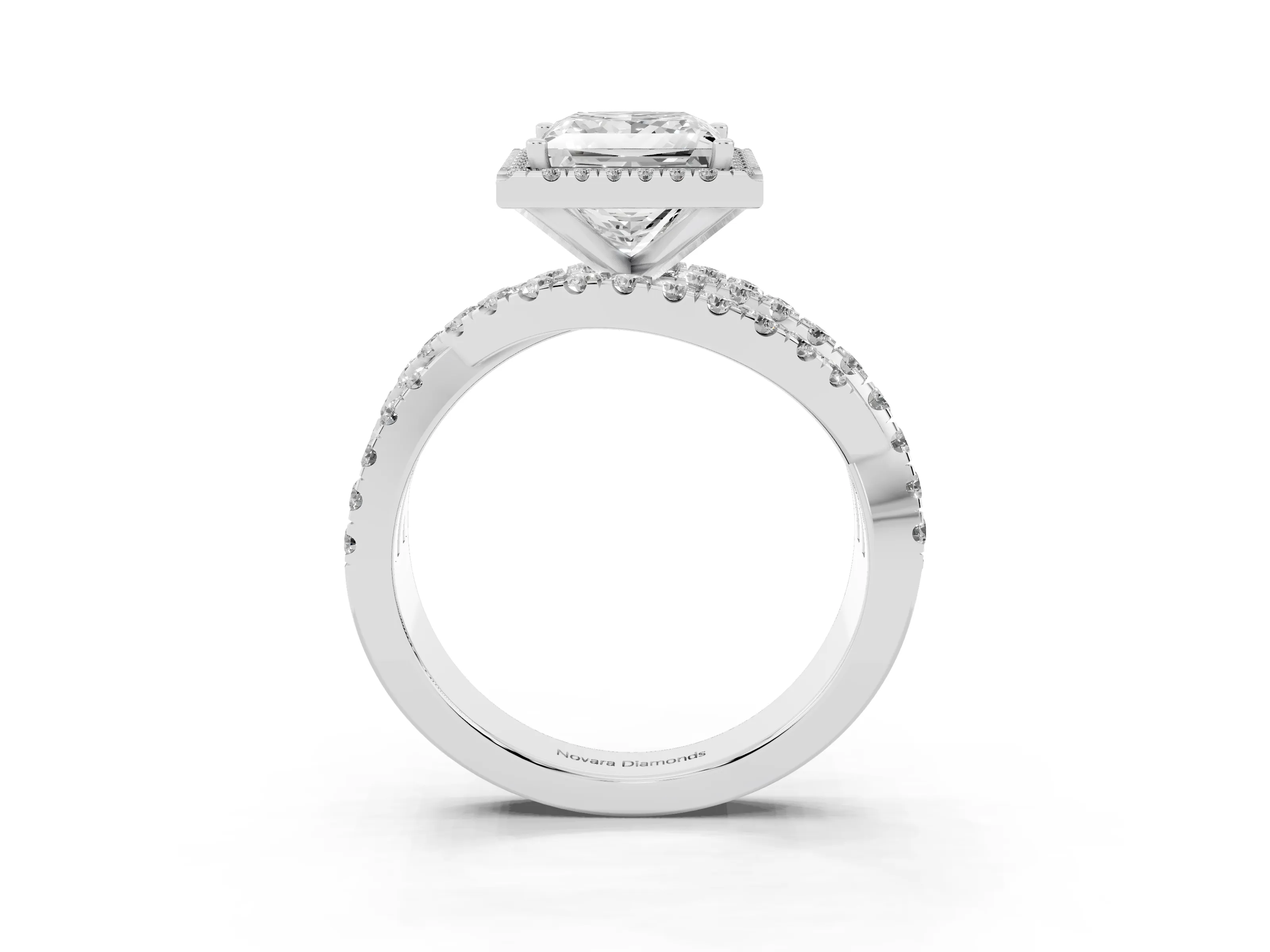 Princess Cut Diamond Halo Ring Set in Platinum with Round Crossover Split Shank and Prong Setting