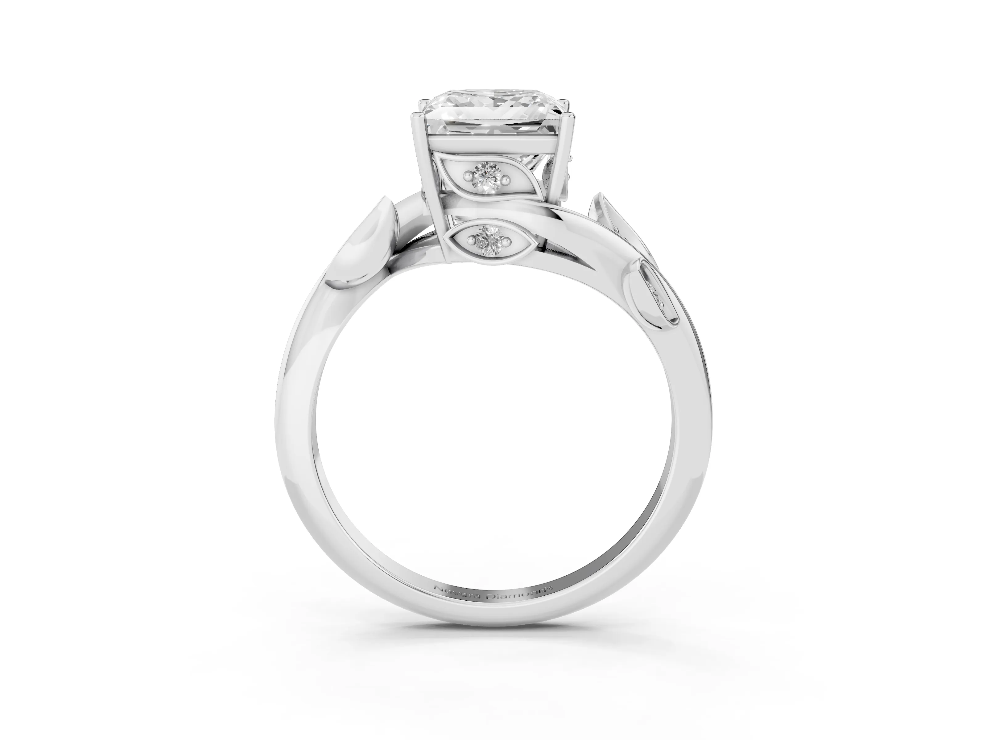 Princess Cut Diamond Solitaire Twist Engagement Ring Set in Silver with Pavé Leaf Accents