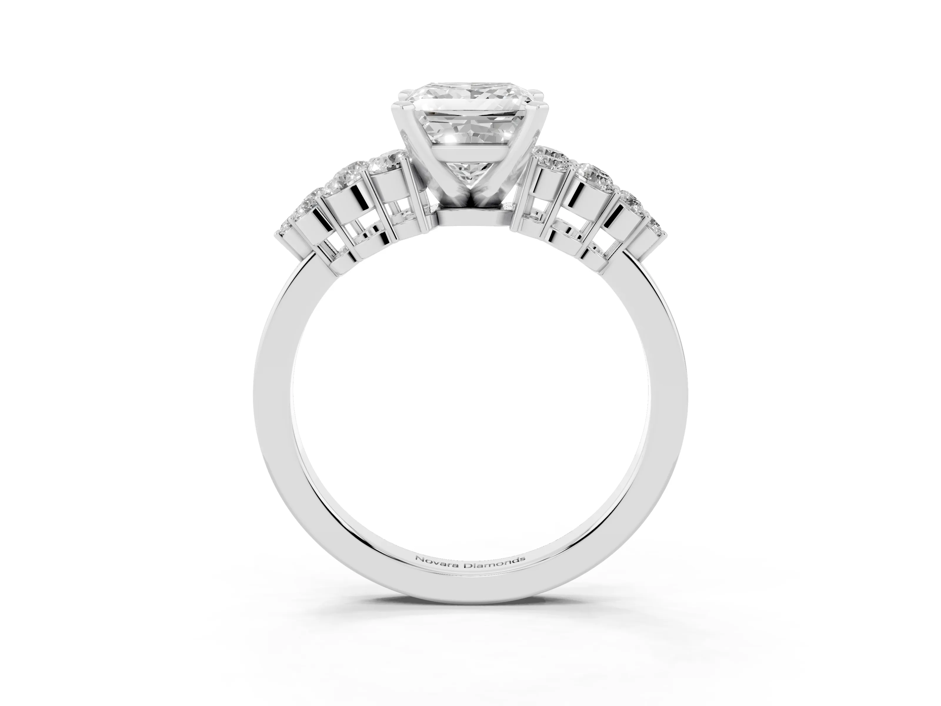 Princess Cut Diamond Cluster Engagement Ring Set in Silver with Pavé Band and Prong Setting