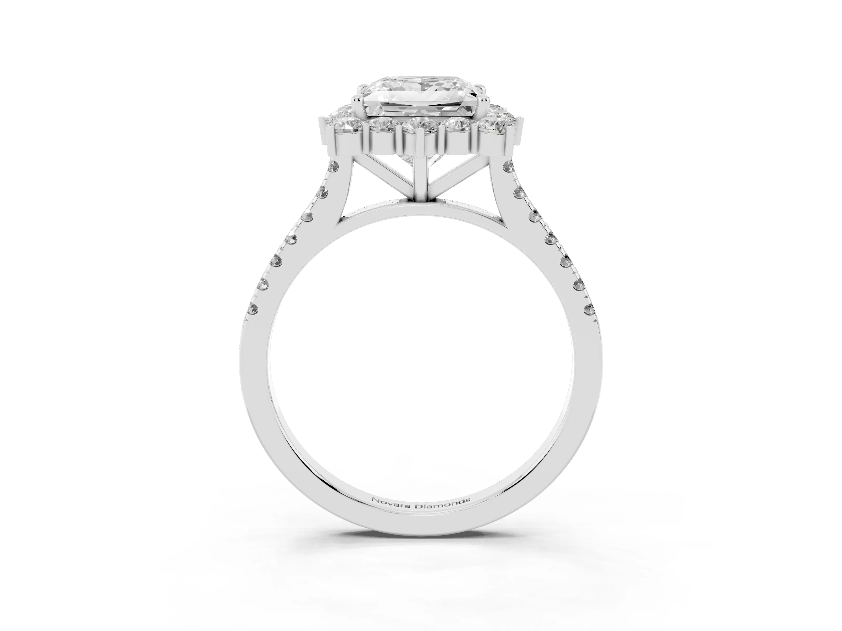 Princess Cut Diamond Halo Ring Set in White gold with Pavé Band and Prong Setting