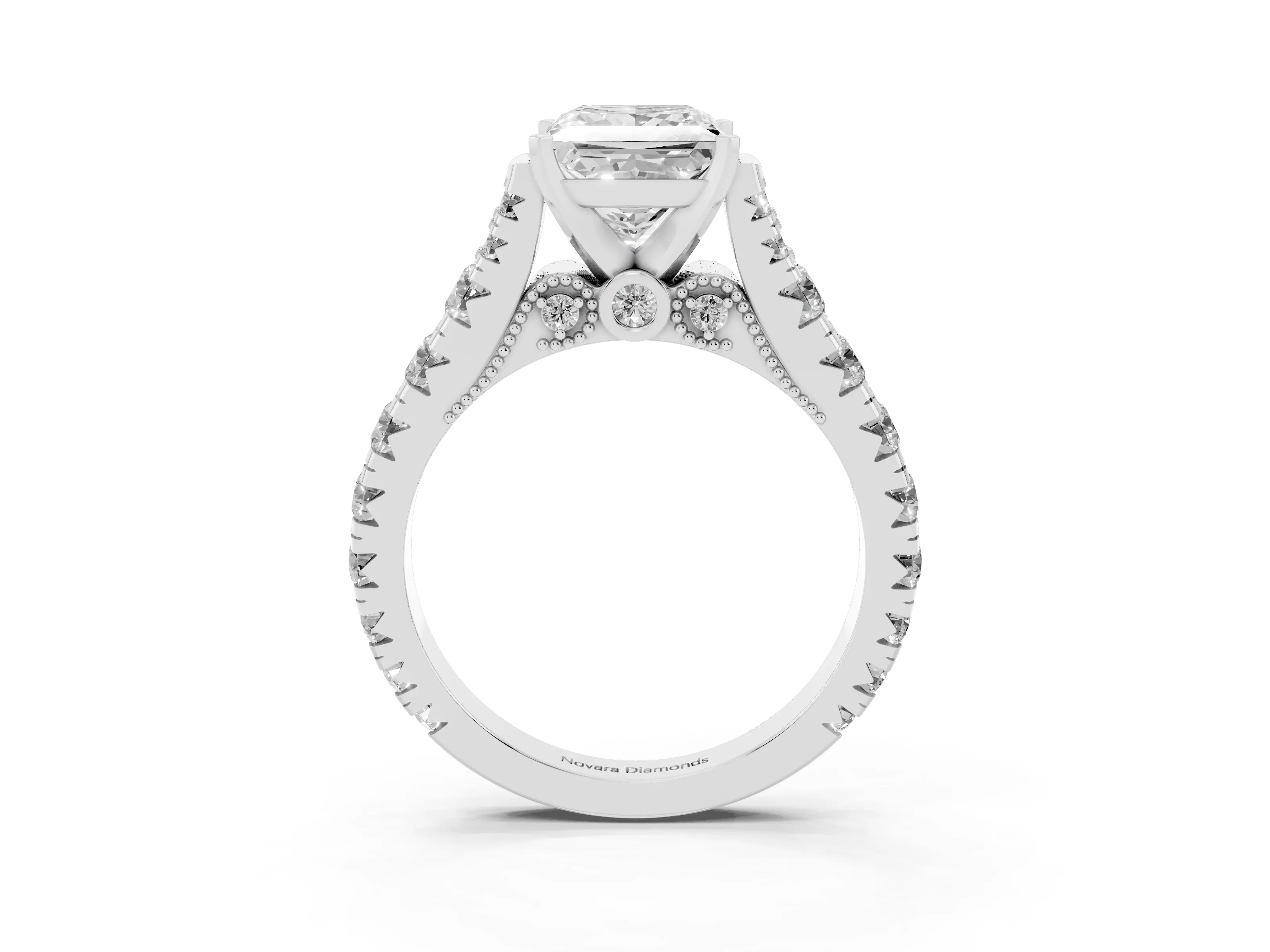 Princess Cut Diamond Classic Solitaire Ring Set in White gold with Pavé Band and Prong Setting