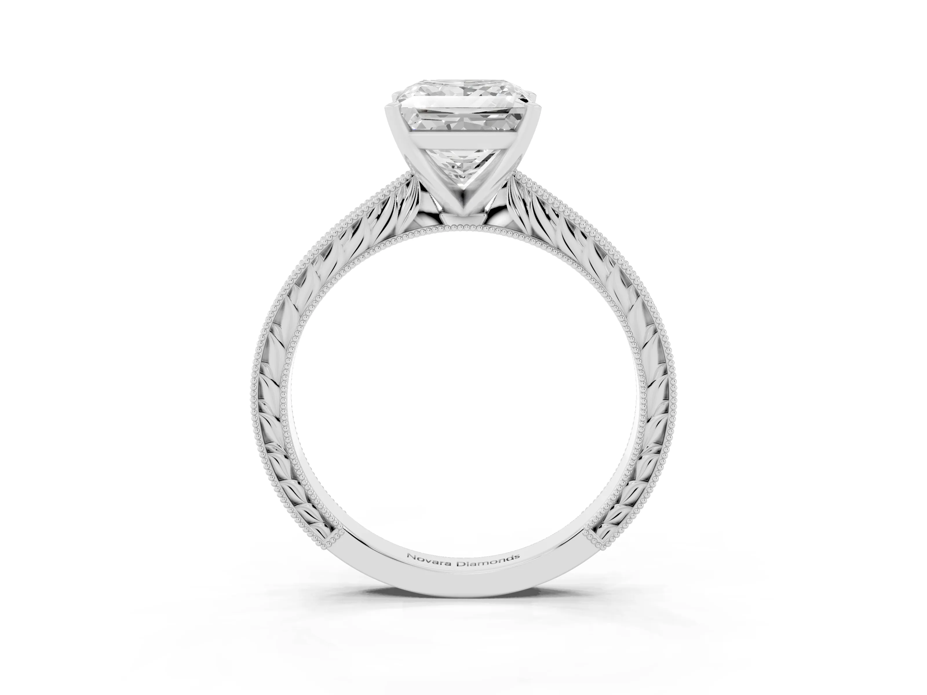 Princess Cut Diamond Solitaire Milgrain Engraved Band Set in Platinum with Prong Setting