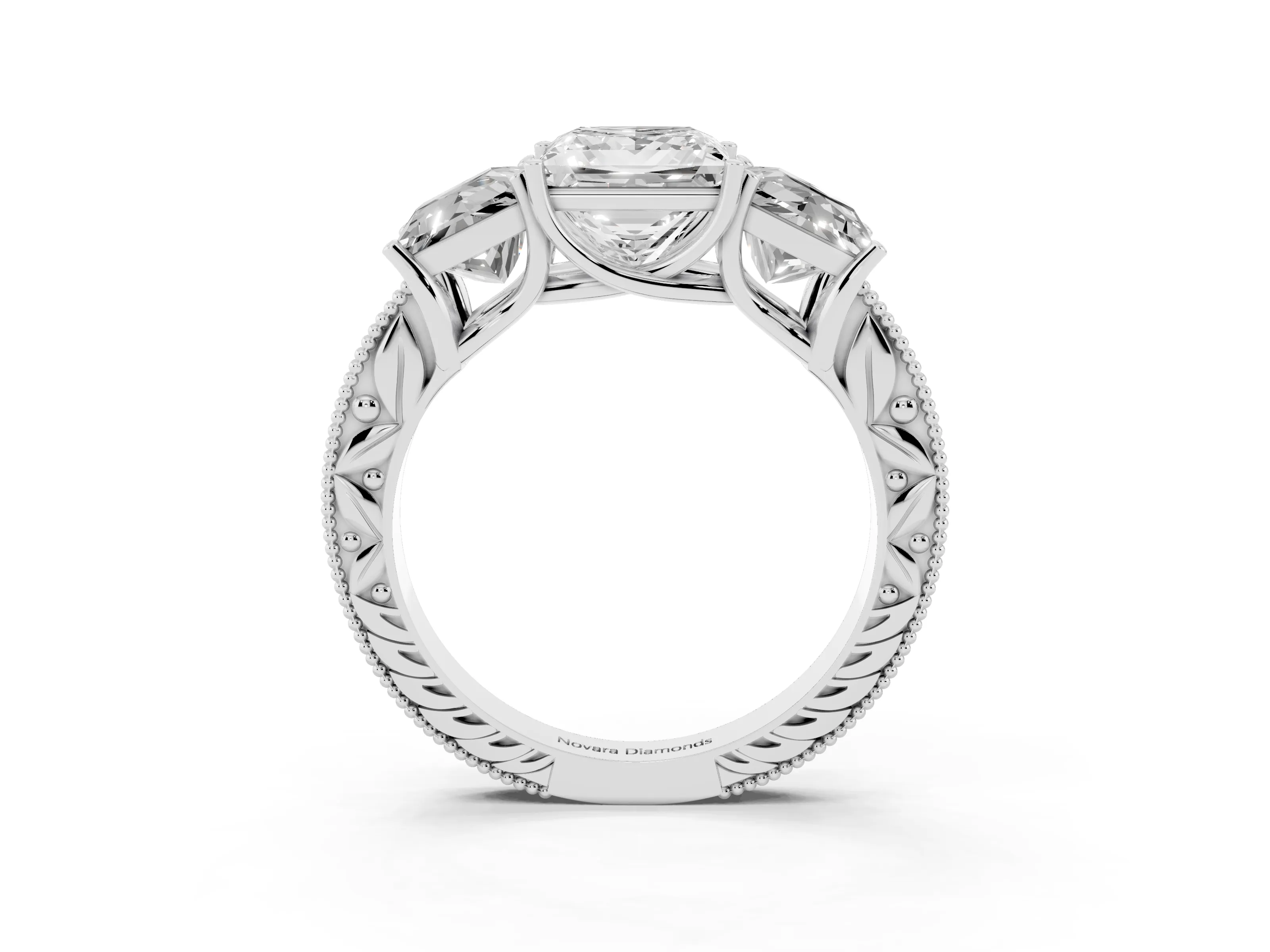 Princess Cut Diamond Three-Stone Engagement Ring Set in Platinum with Milgrain Pavé Band