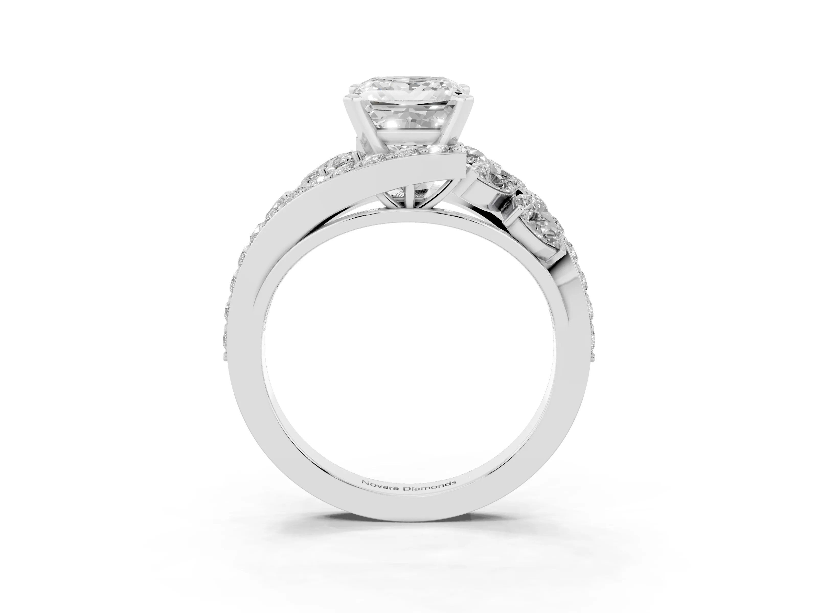 Princess Cut Diamond Halo Ring Set in Platinum with Marquise and Pavé Band in Prong Setting