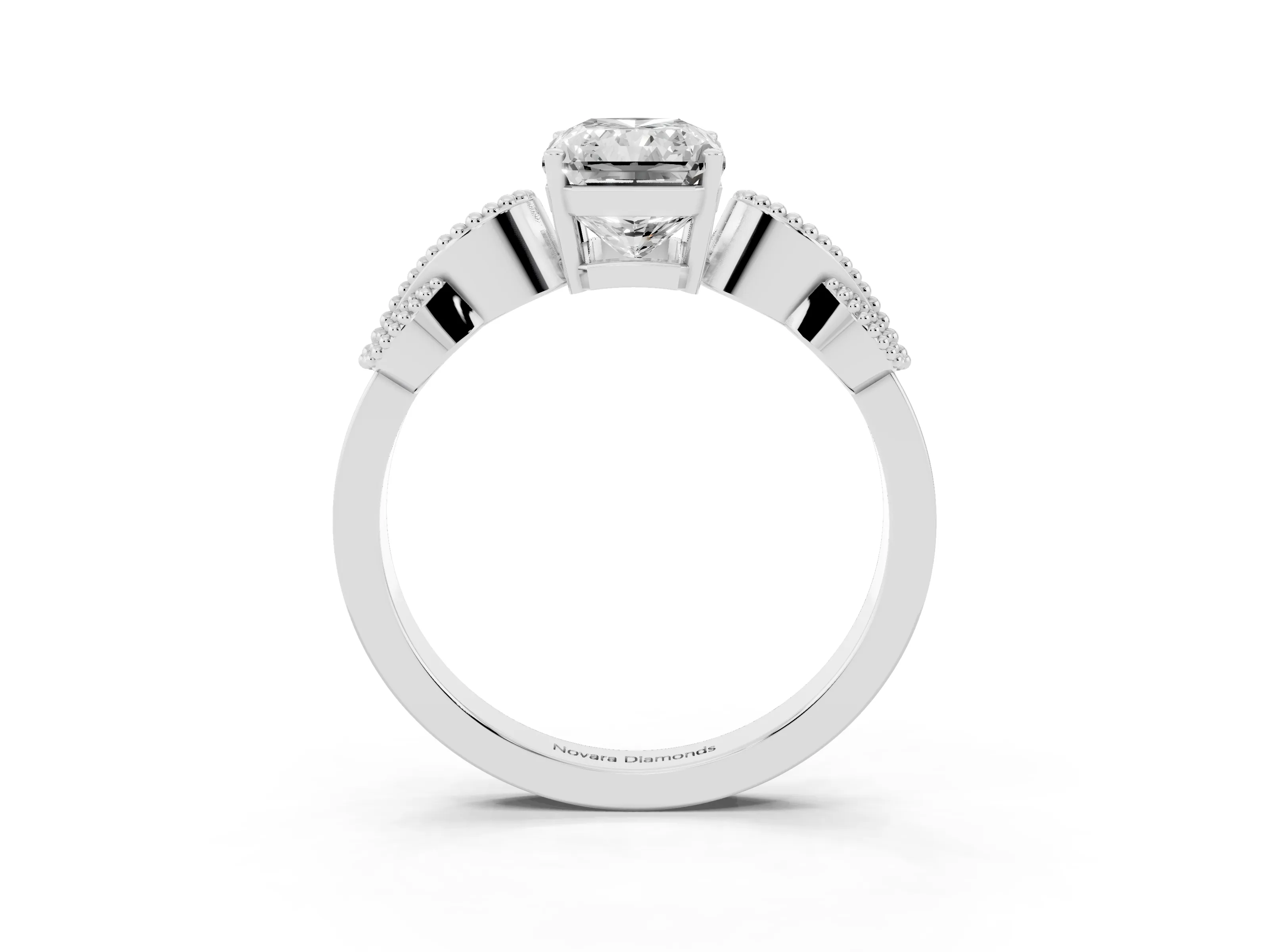 Princess Cut Diamond Milgrain Leaf Band Solitaire Ring Set in White gold with Accent Stones and Prong Setting