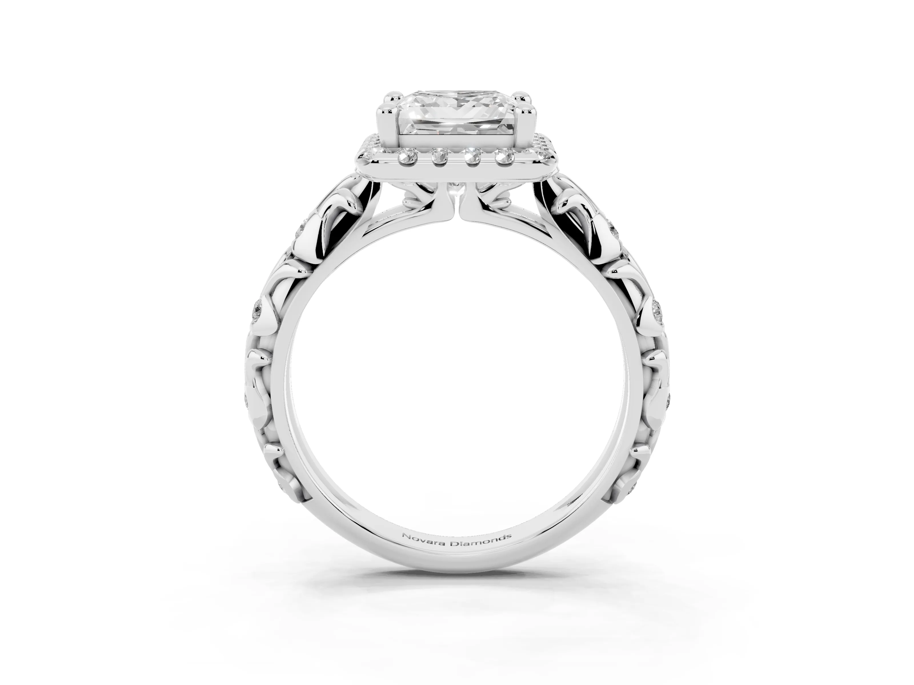 Princess Cut Diamond Halo Ring Set in Silver with Filigree Leaf Band and Prong Setting