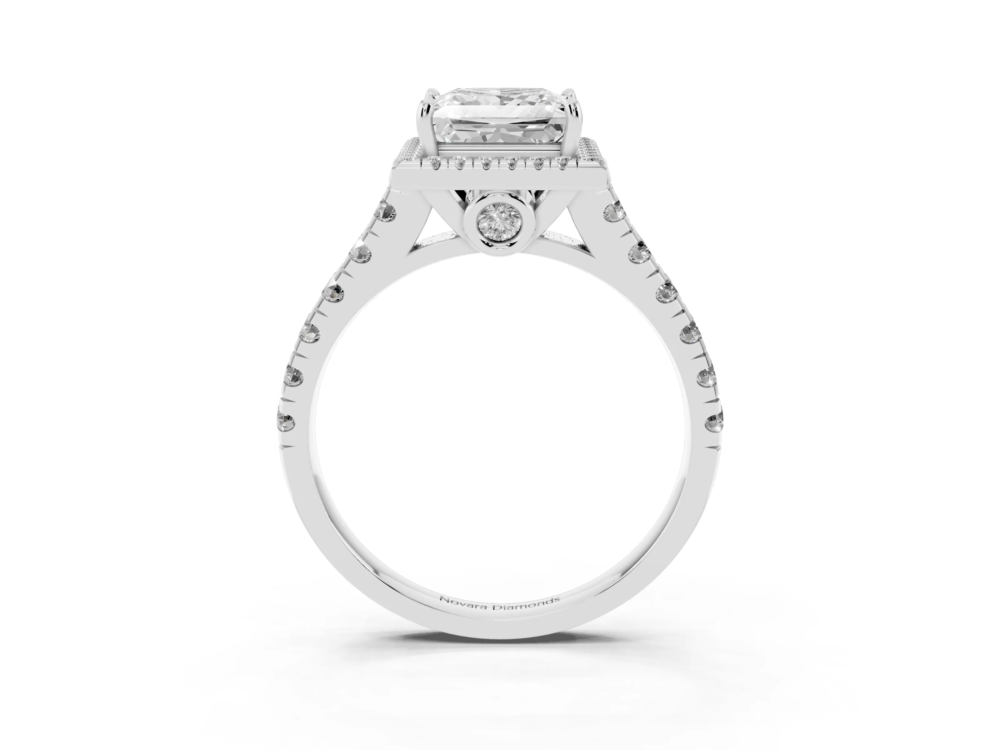 Princess Cut Diamond Halo Engagement Ring Set in White gold with Pavé Band and Prong-Set Center