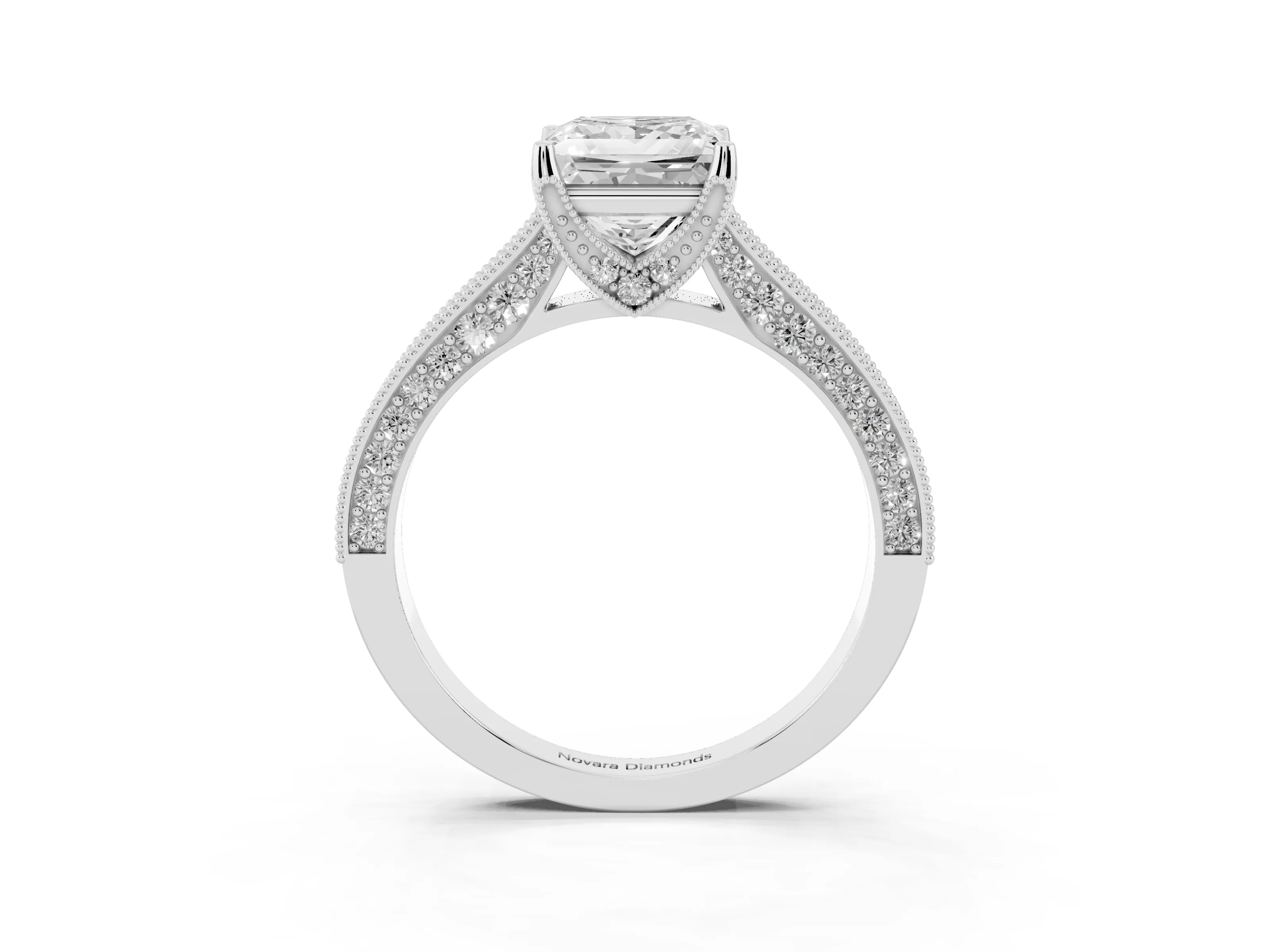 Princess Cut Diamond Solitaire Ring Set in Silver with Milgrain-Edged Pavé Band and Prong Setting