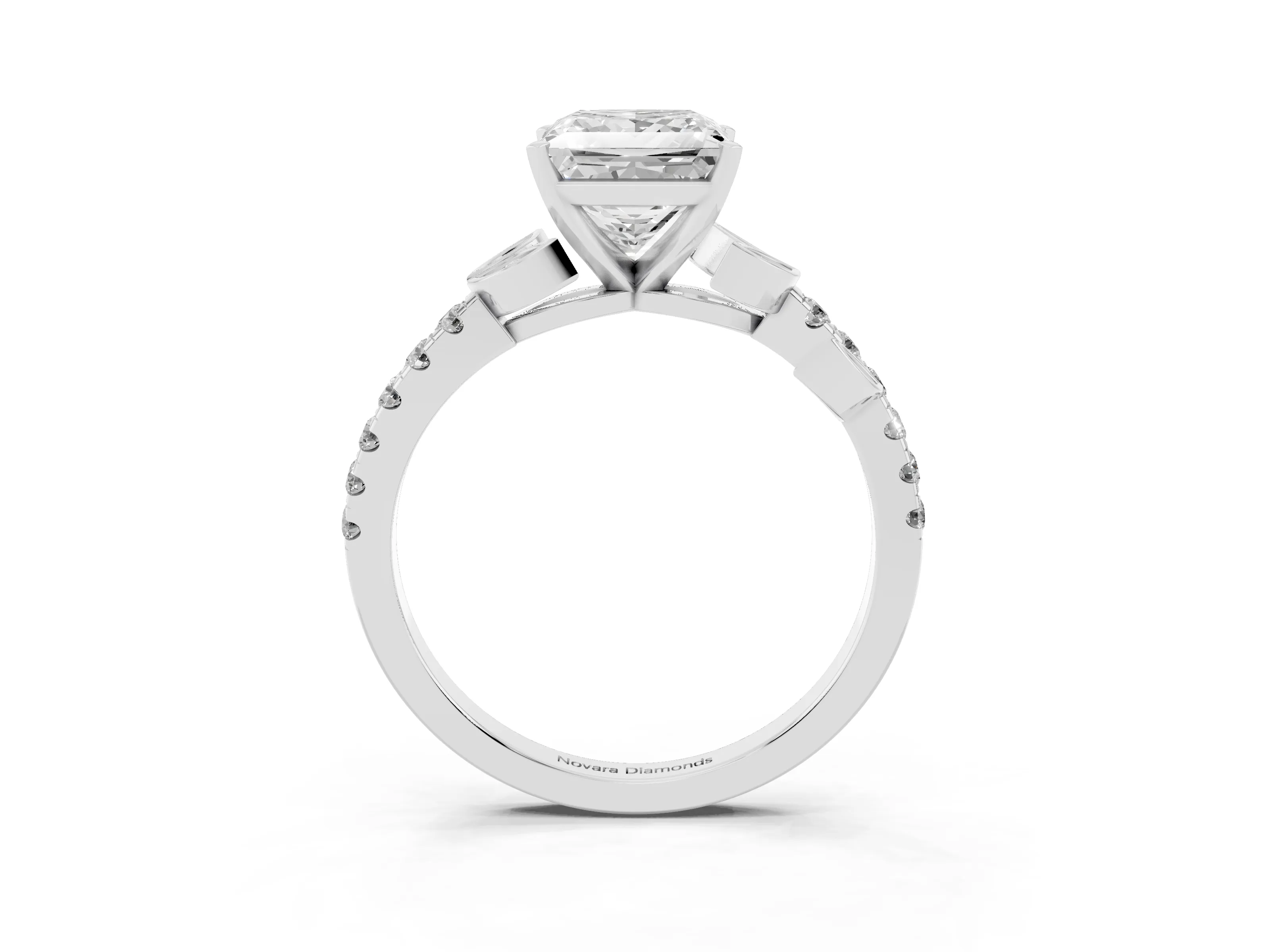 Princess Cut Diamond Solitaire Leaf-Inspired Ring Set in Platinum with Pavé Band and Prong Setting