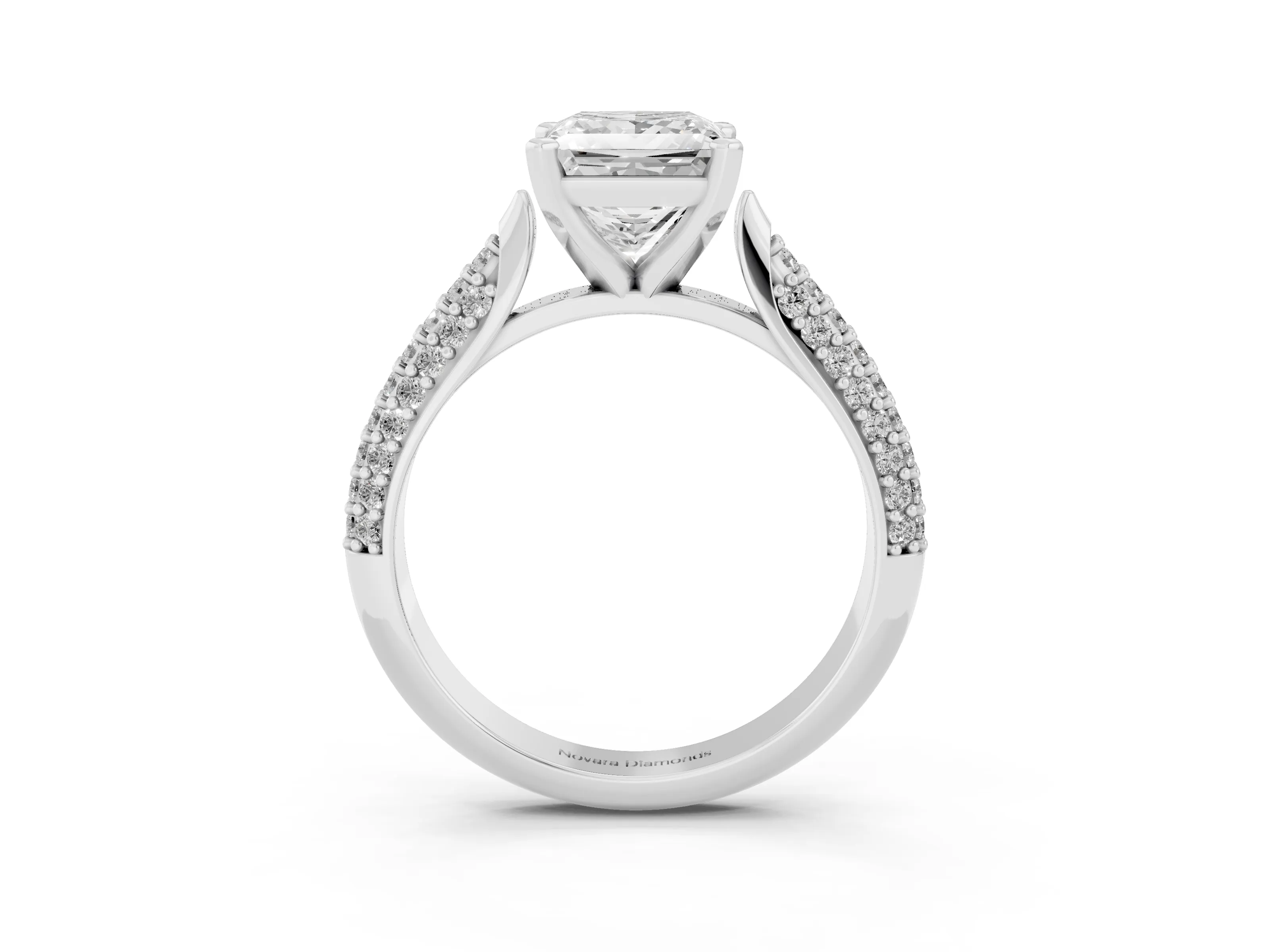 Princess Cut Diamond Solitaire Engagement Ring Set in White gold with Multi-Row Round Pavé Band and Prong Setting