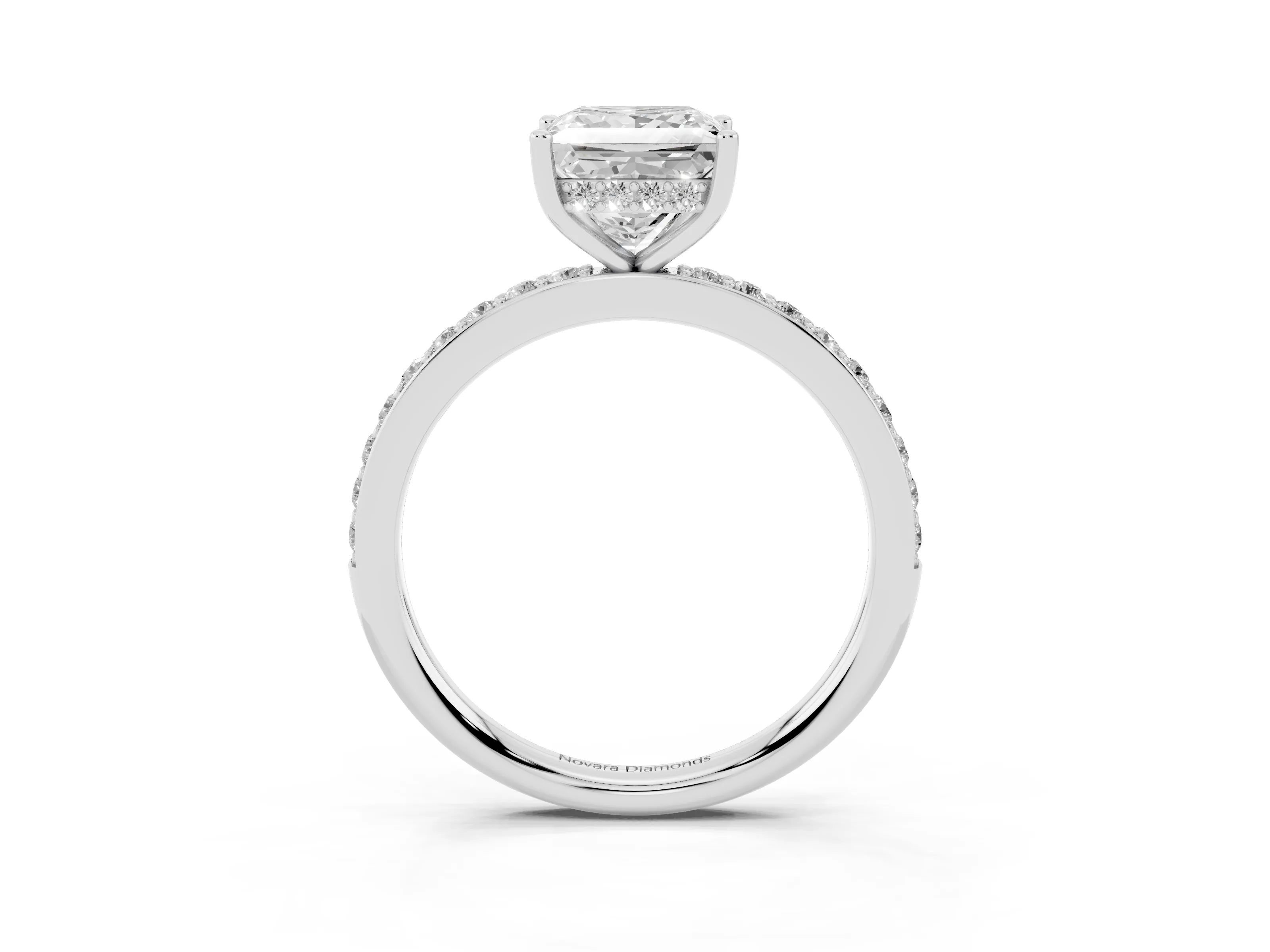 Princess Cut Diamond Pavé Band Ring Set in White gold with Prong-Set Center Stone
